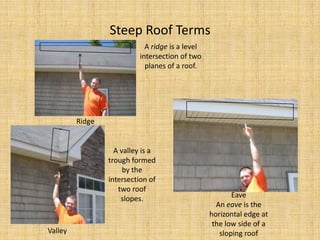 Steep Roof TermsA ridge is a level intersection of two planes of a roof.RidgeA valley is a trough formed by the intersection of two roof slopes.EaveAn eave is the horizontal edge at the low side of a sloping roofValley