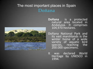 The most important places in Spain
            Doñana
                 Doñana     is a protected
                   natural area located in
                   Andalusia. It comprises
                   104,970 hectares.
                 Doñana National Park and
                   its vast marshlands is the
                   winter home of a wide
                   variety of aquatic bird
                   species, reaching the
                   200.000 specimens.
                 It    was declared World
                      Heritage by UNESCO in
                      1994.
 