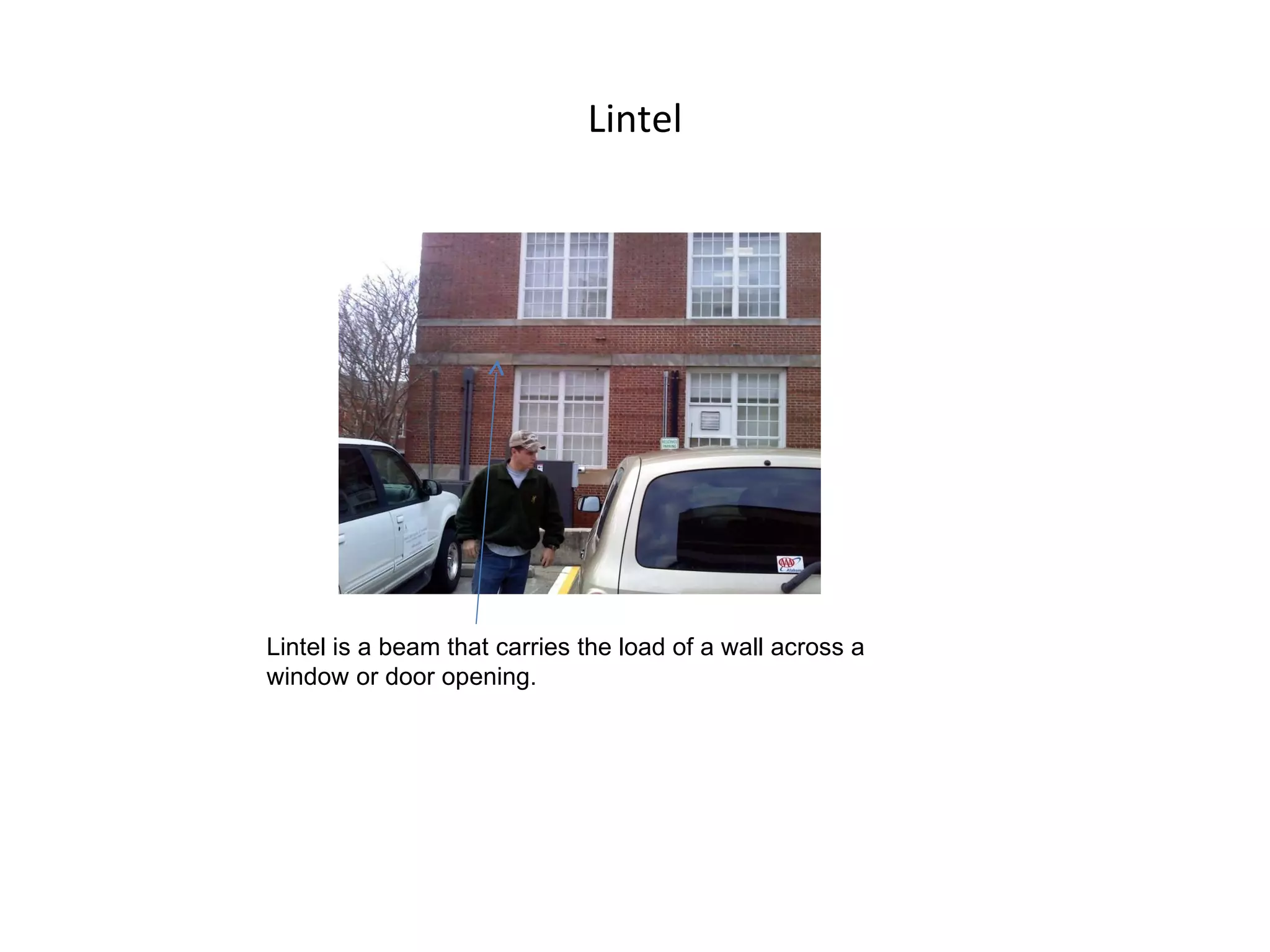 Lintel Lintel is a beam that carries the load of a wall across a window or door opening. 