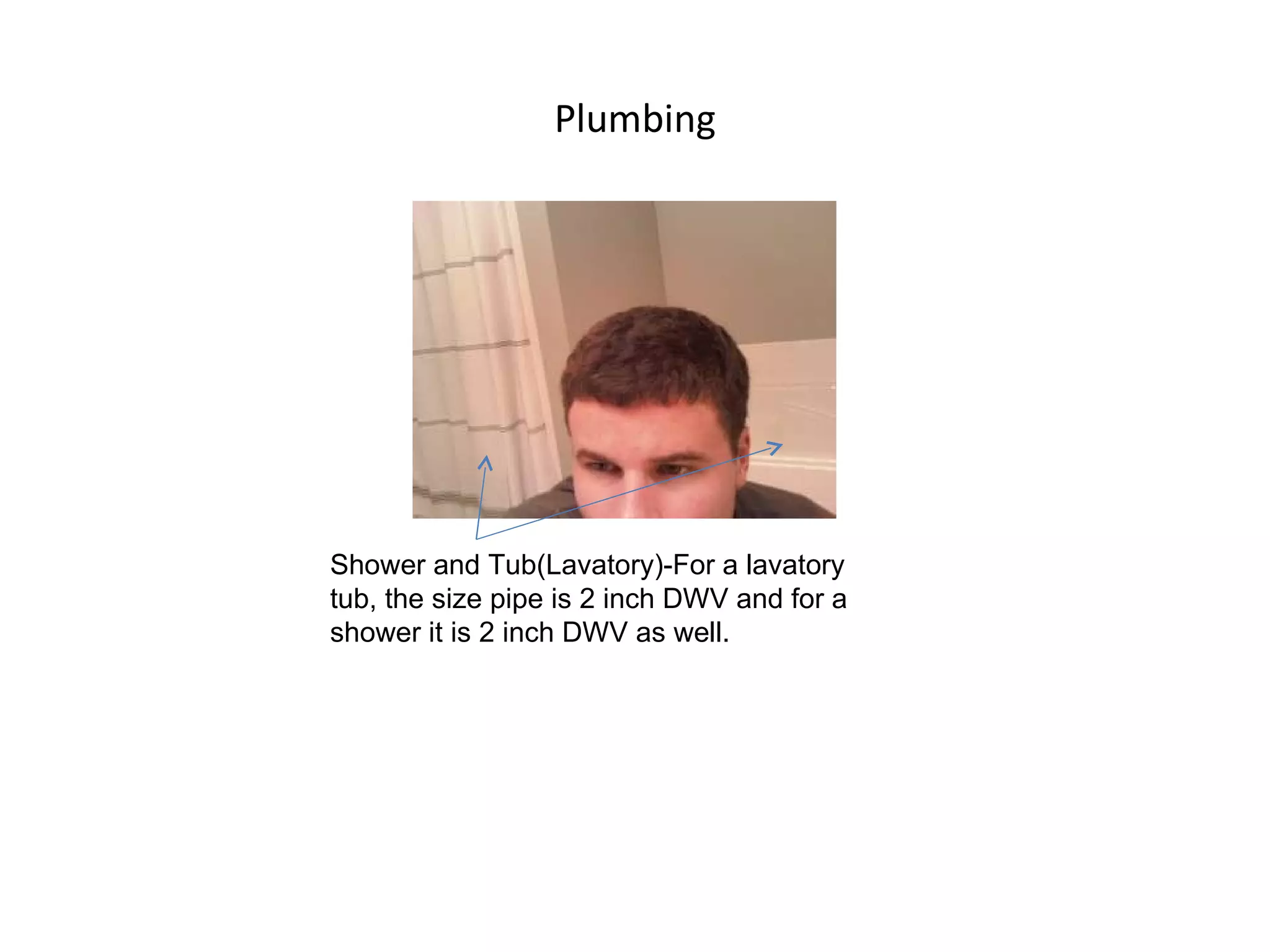 Plumbing Shower and Tub(Lavatory)-For a lavatory tub, the size pipe is 2 inch DWV and for a shower it is 2 inch DWV as well. 