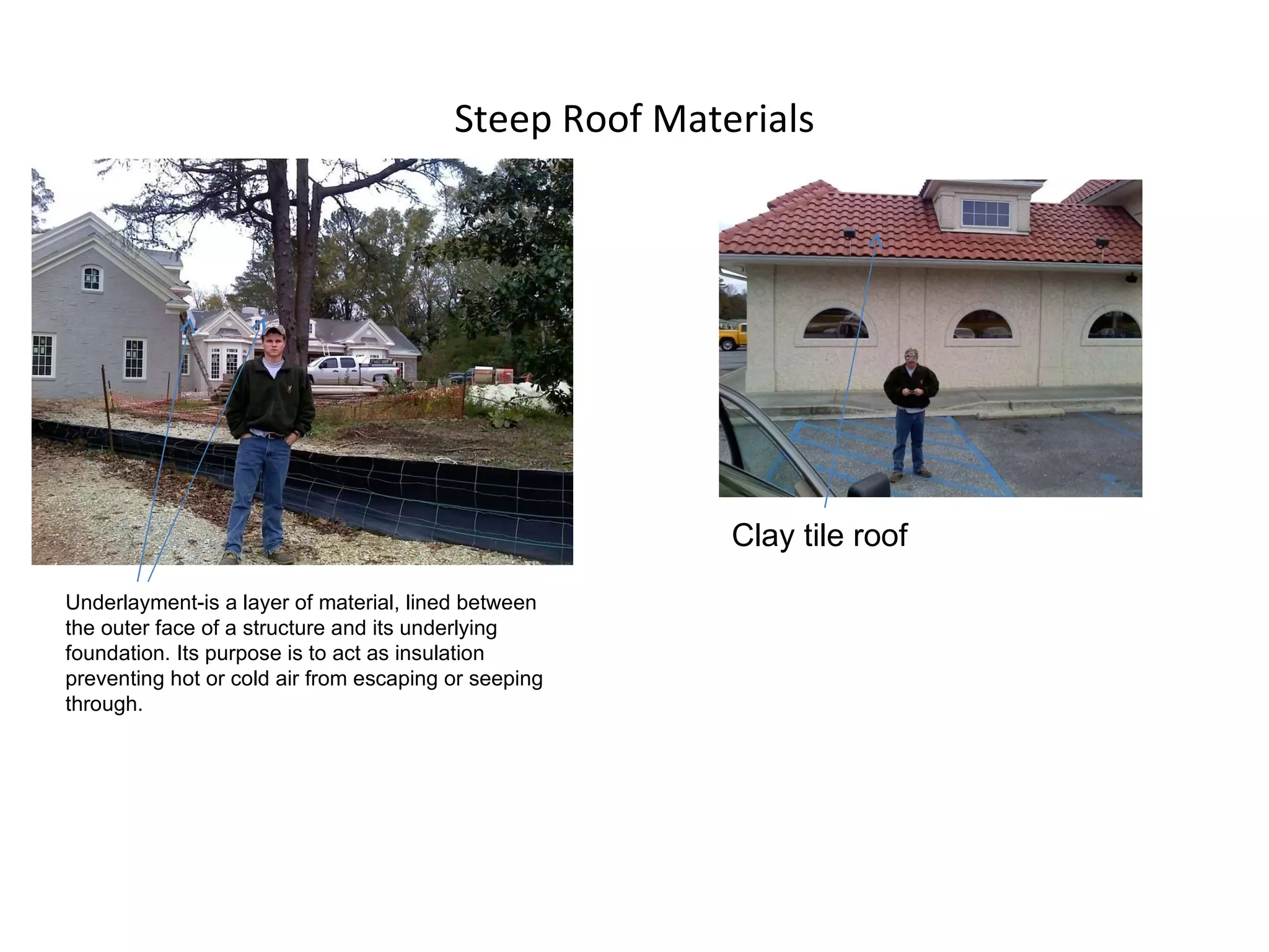 Steep Roof Materials Underlayment-is a layer of material, lined between the outer face of a structure and its underlying foundation. Its purpose is to act as insulation preventing hot or cold air from escaping or seeping through. Clay tile roof 