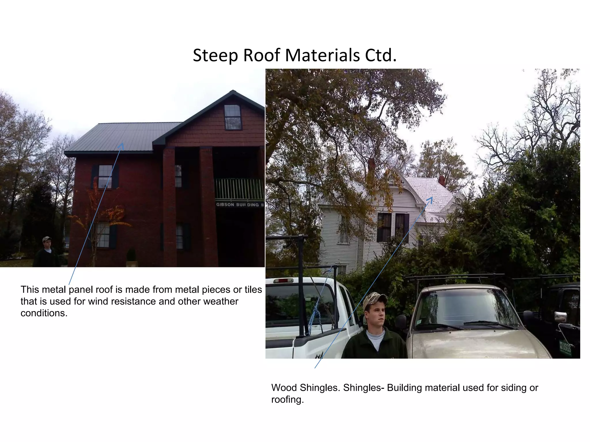 Steep Roof Materials Ctd. This metal panel roof is made from metal pieces or tiles that is used for wind resistance and other weather conditions. Wood Shingles. Shingles- Building material used for siding or roofing. 