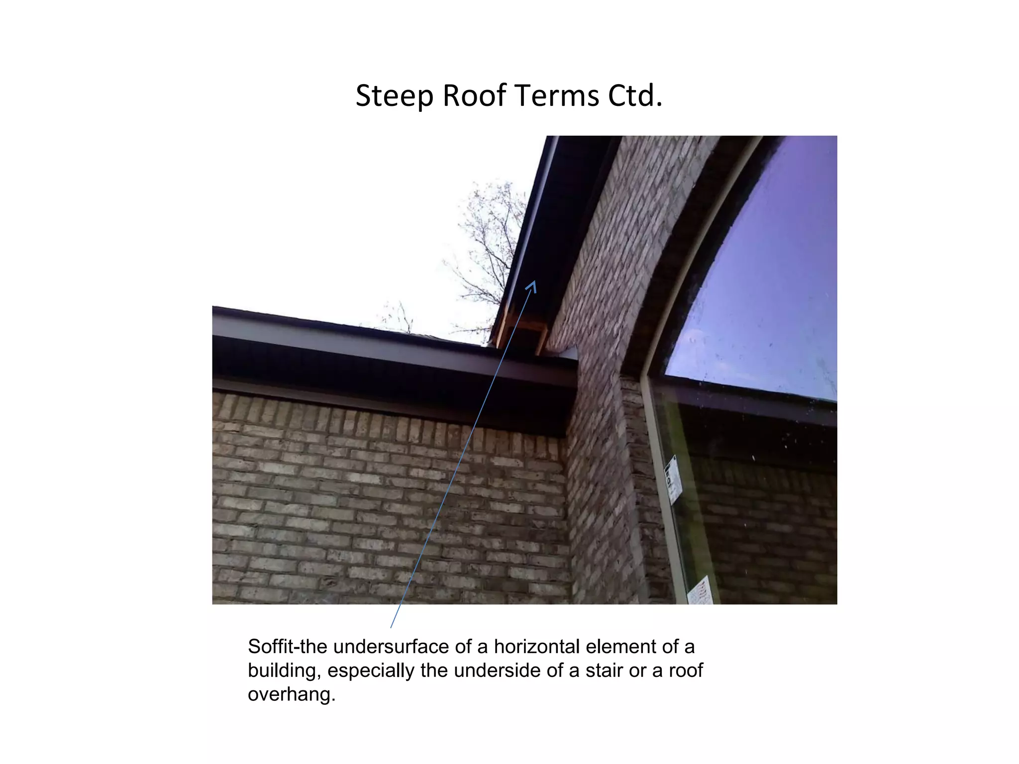 Steep Roof Terms Ctd. Soffit-the undersurface of a horizontal element of a building, especially the underside of a stair or a roof overhang. 
