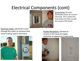 Electrical ComponentsTransformer on a power pole- electricity from a power plant comes through the transformer and the voltage is stepped down hereService head- once the voltage is stepped down, it is sent to the service head, where the electricity can enter the house