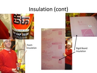 InsulationInsulation is used to slow the exchange of heat in your home.  Insulation forms a container around the home to create a thermal envelope.Batt/blanket insulationLoose fill insulation