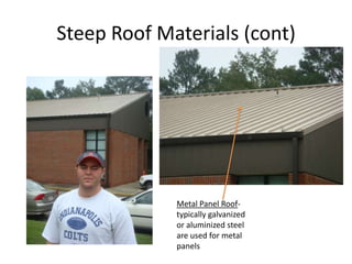 Steep Roof Materials (cont)Shingle- a small unit of water resistant material nailed in overlapping fashion with many other units to render a sloping roof watertightSingle roof that isn’t asphalt