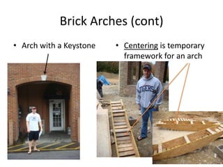 Brick Arches (cont)Arch with a KeystoneCentering is temporary framework for an arch