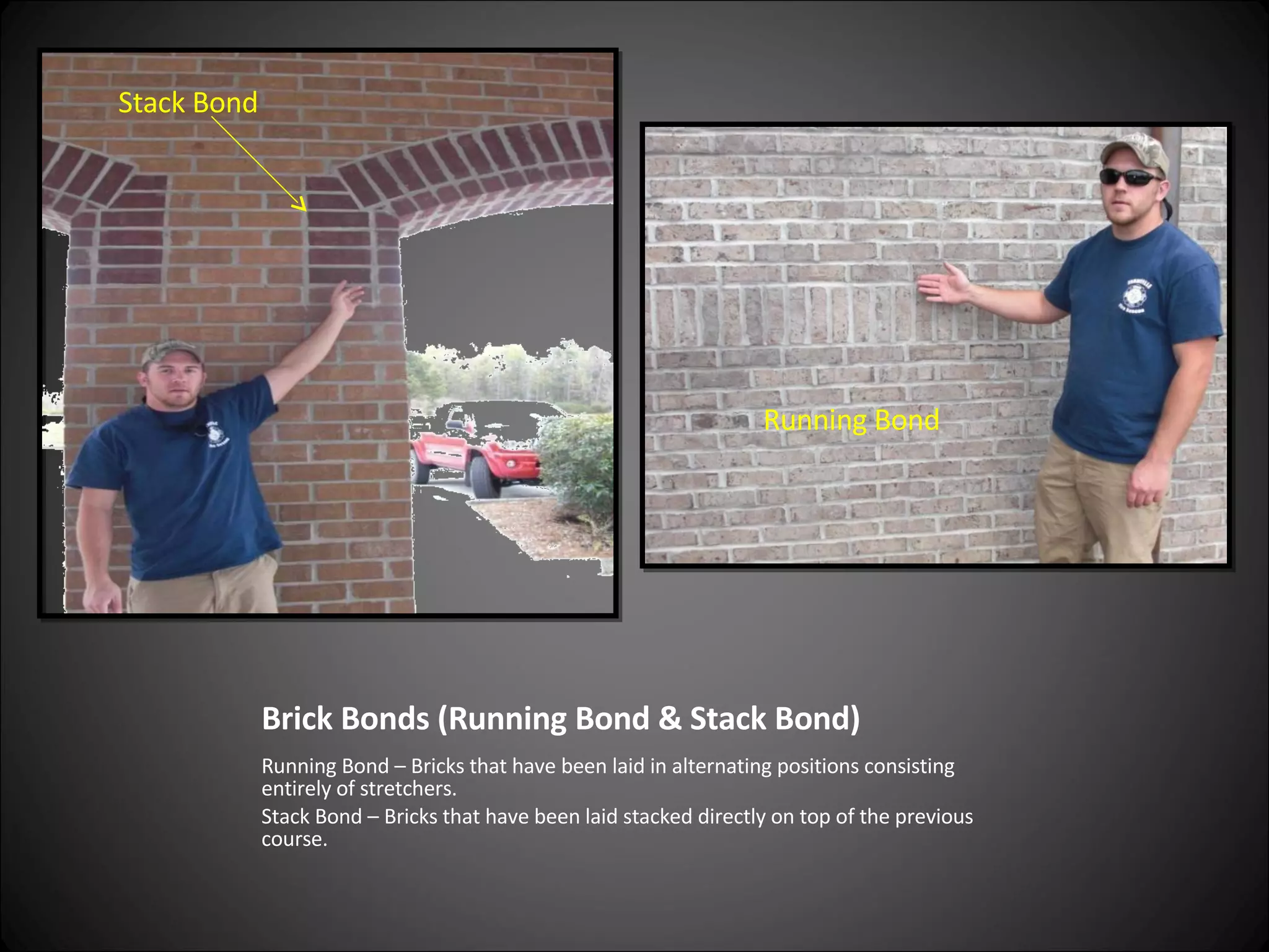 Brick Bonds (Running Bond & Stack Bond) Running Bond – Bricks that have been laid in alternating positions consisting entirely of stretchers. Stack Bond – Bricks that have been laid stacked directly on top of the previous course. Running Bond Stack Bond 