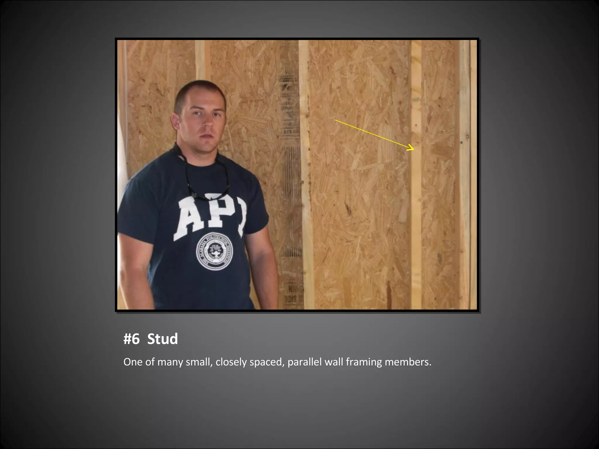 #6  Stud One of many small, closely spaced, parallel wall framing members. 