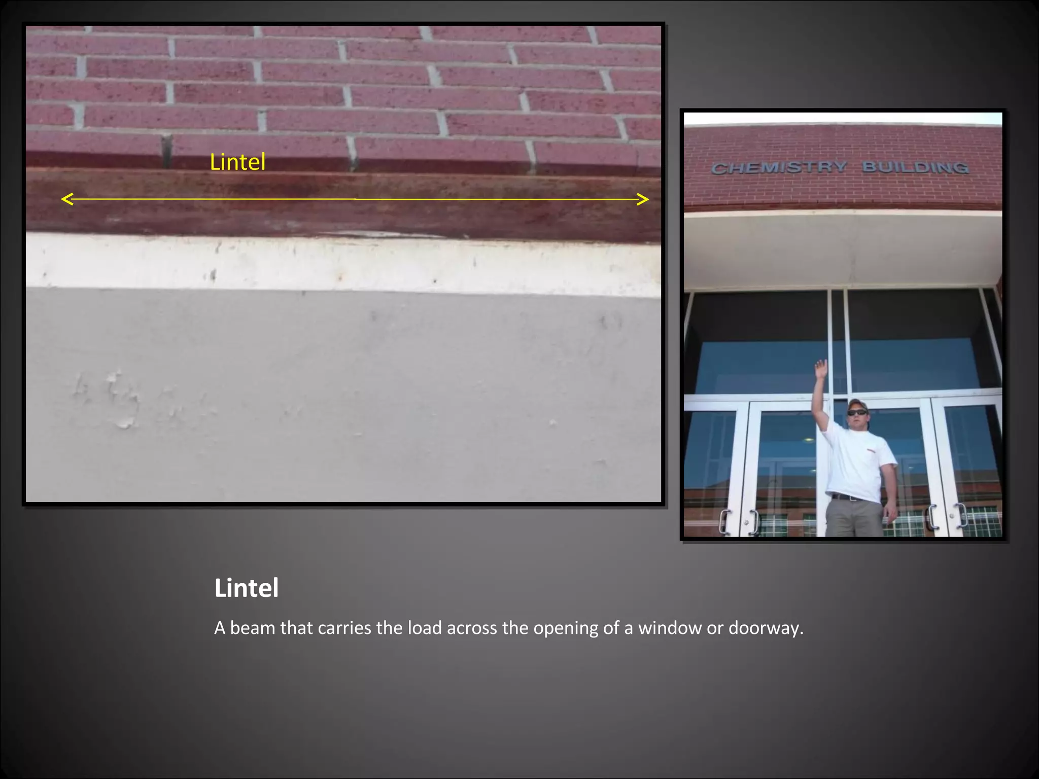 Lintel A beam that carries the load across the opening of a window or doorway. Lintel 