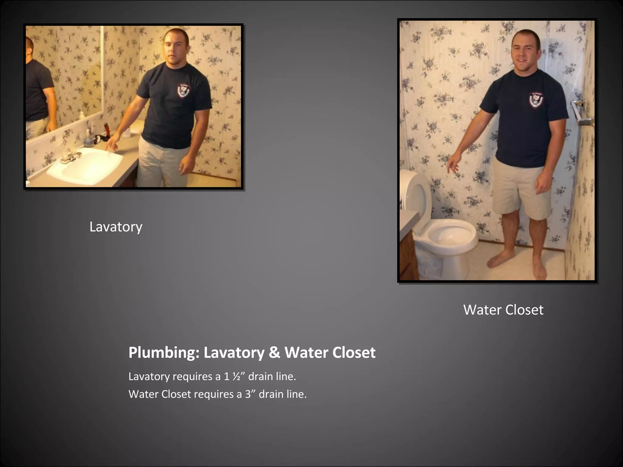 Plumbing: Lavatory & Water Closet Lavatory requires a 1 ½” drain line. Water Closet requires a 3” drain line. Lavatory Water Closet 