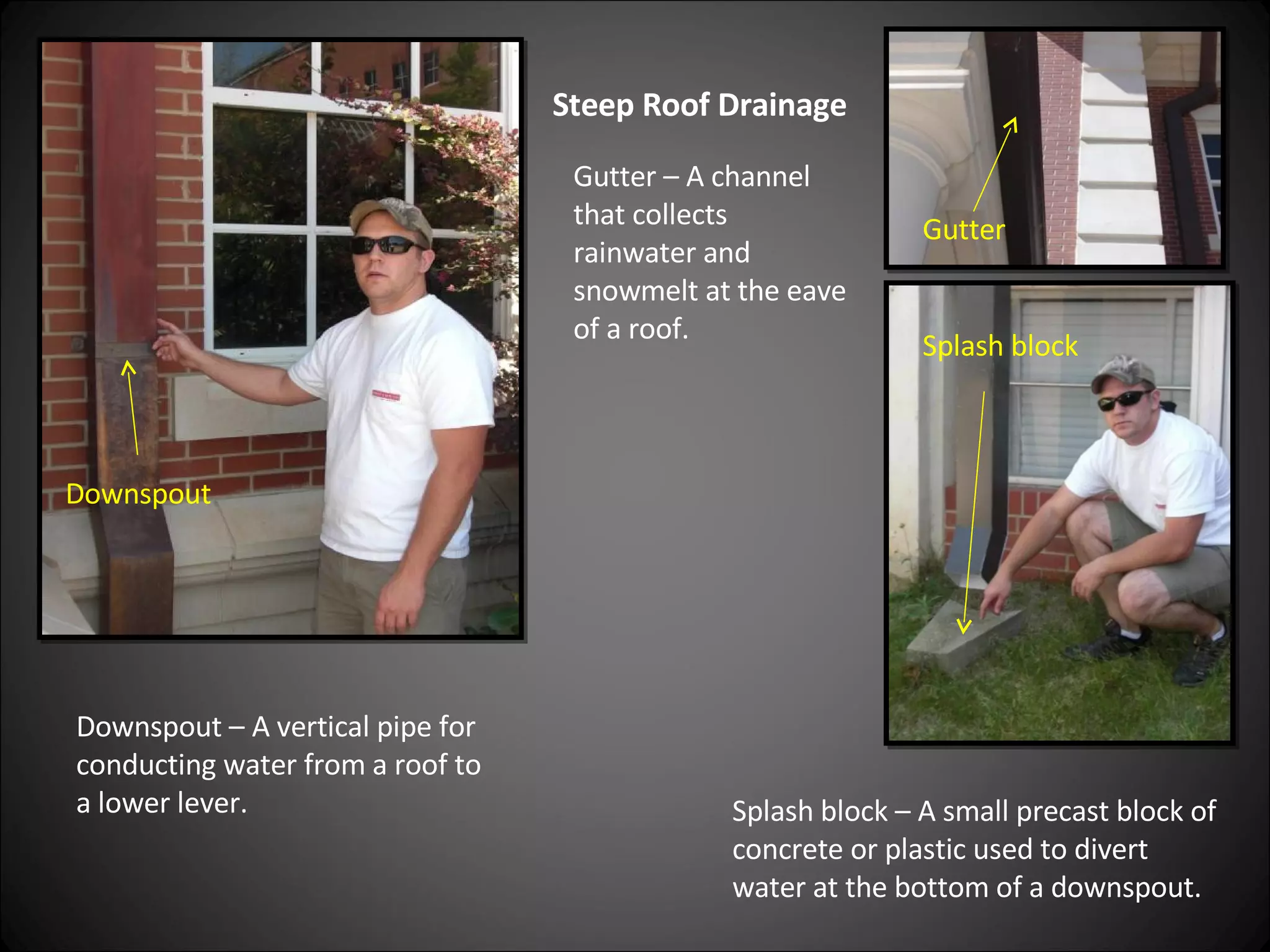 Steep Roof Drainage Gutter Splash block Downspout Downspout – A vertical pipe for conducting water from a roof to a lower lever. Gutter – A channel that collects rainwater and snowmelt at the eave of a roof. Splash block – A small precast block of concrete or plastic used to divert water at the bottom of a downspout. 