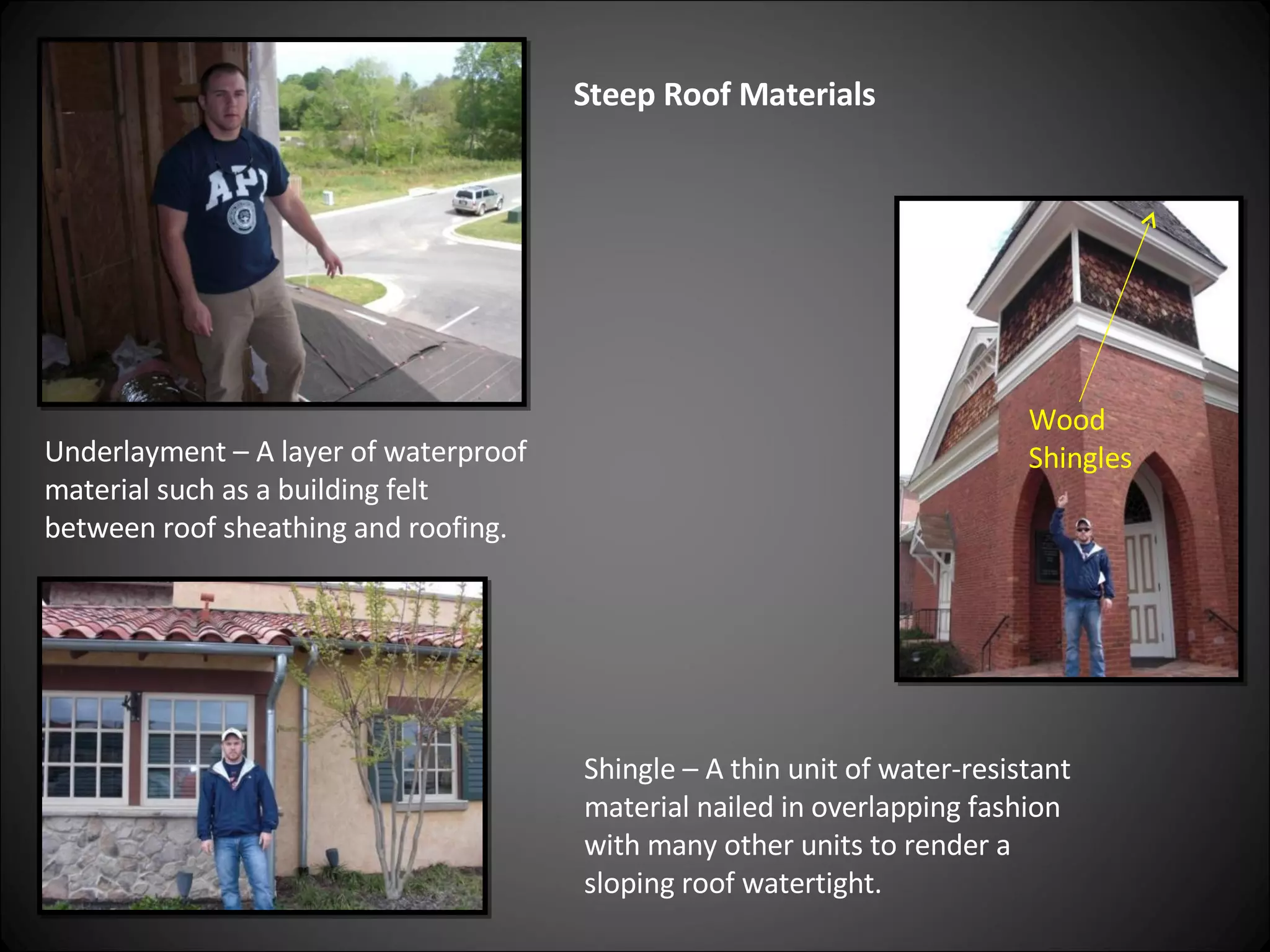 Steep Roof Materials Underlayment – A layer of waterproof material such as a building felt between roof sheathing and roofing. Shingle – A thin unit of water-resistant material nailed in overlapping fashion with many other units to render a sloping roof watertight. Wood Shingles 