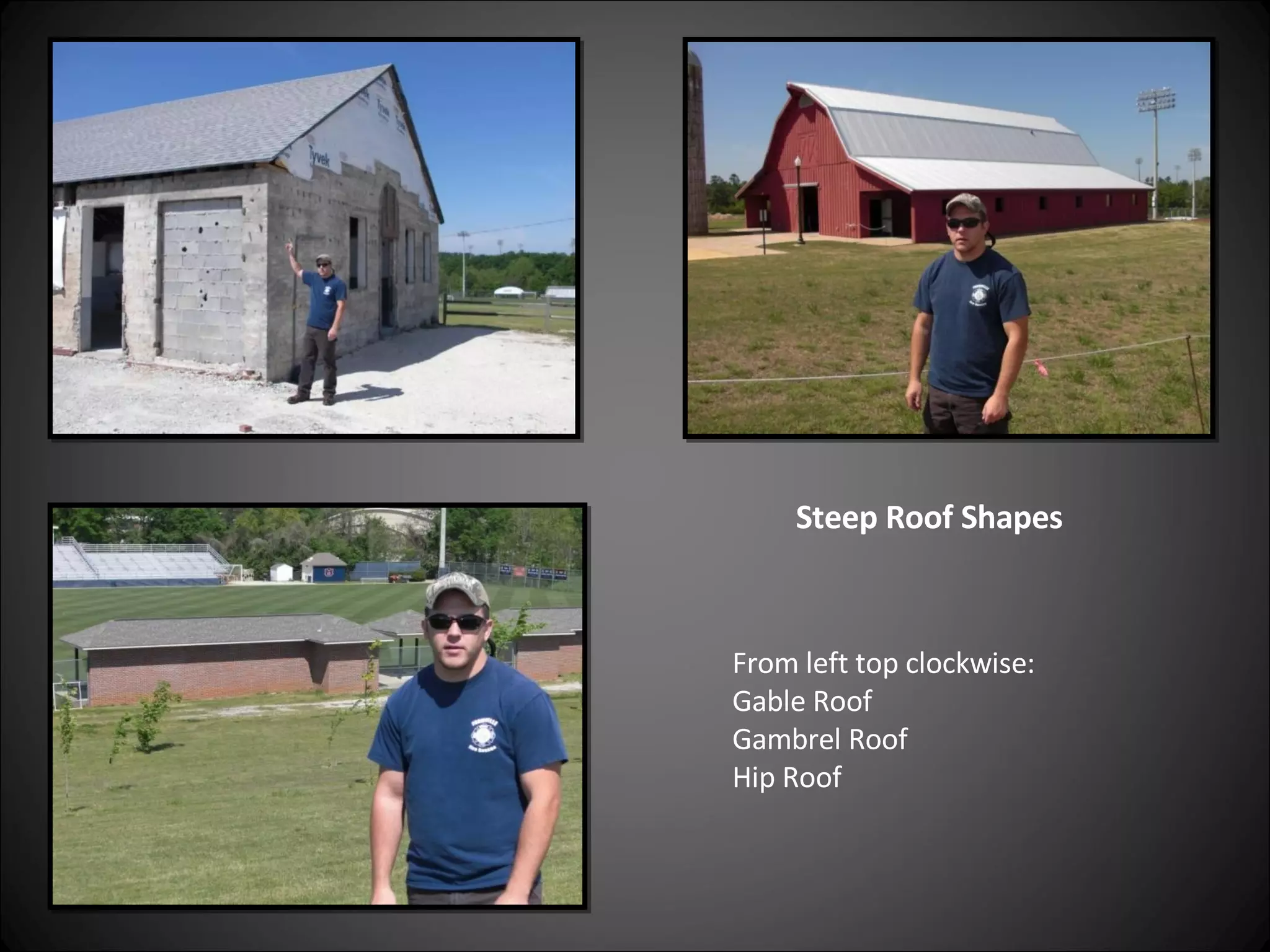 Steep Roof Shapes From left top clockwise:  Gable Roof Gambrel Roof Hip Roof 