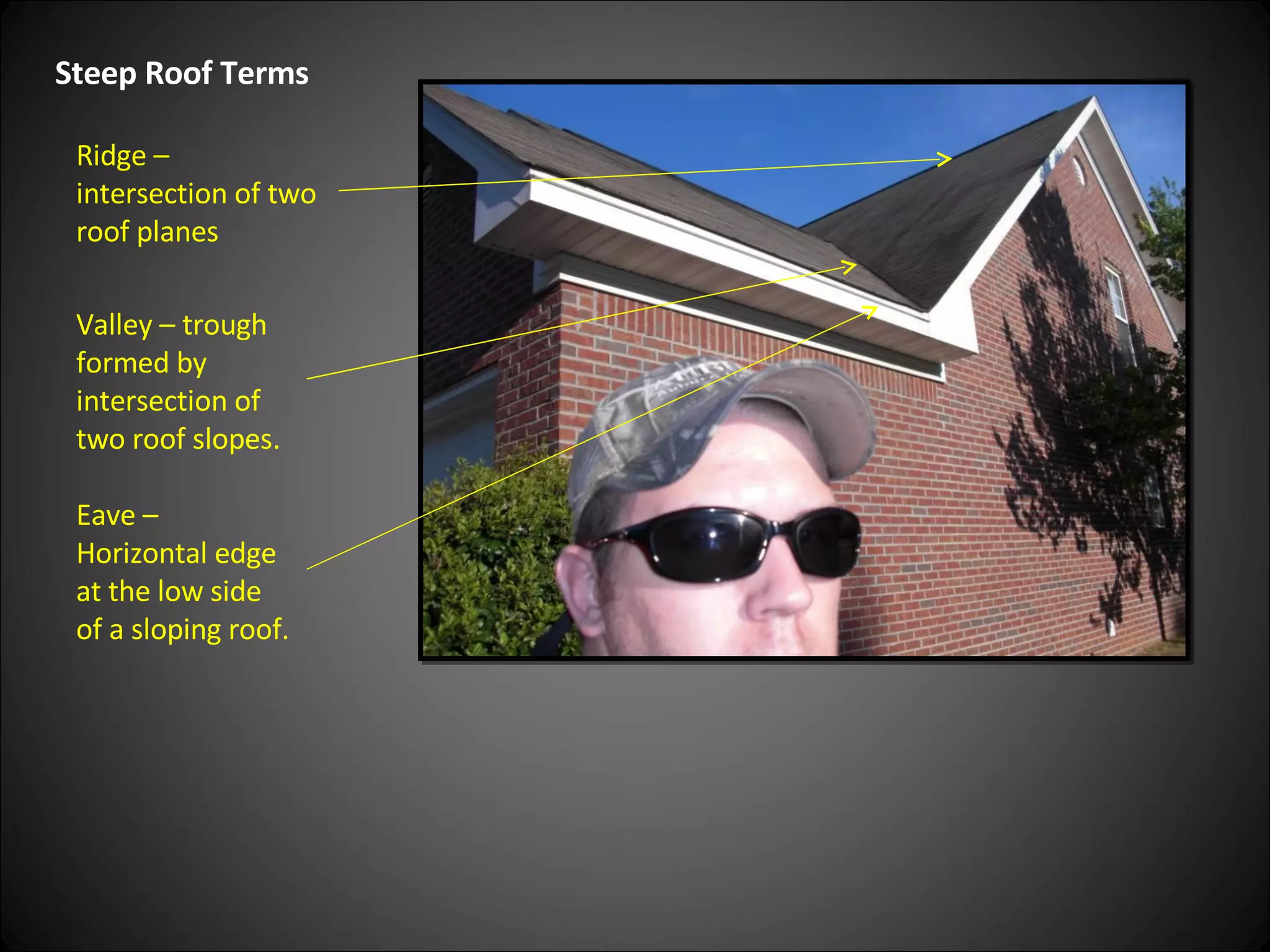 Steep Roof Terms Ridge – intersection of two roof planes Valley – trough formed by intersection of two roof slopes. Eave – Horizontal edge at the low side of a sloping roof. 