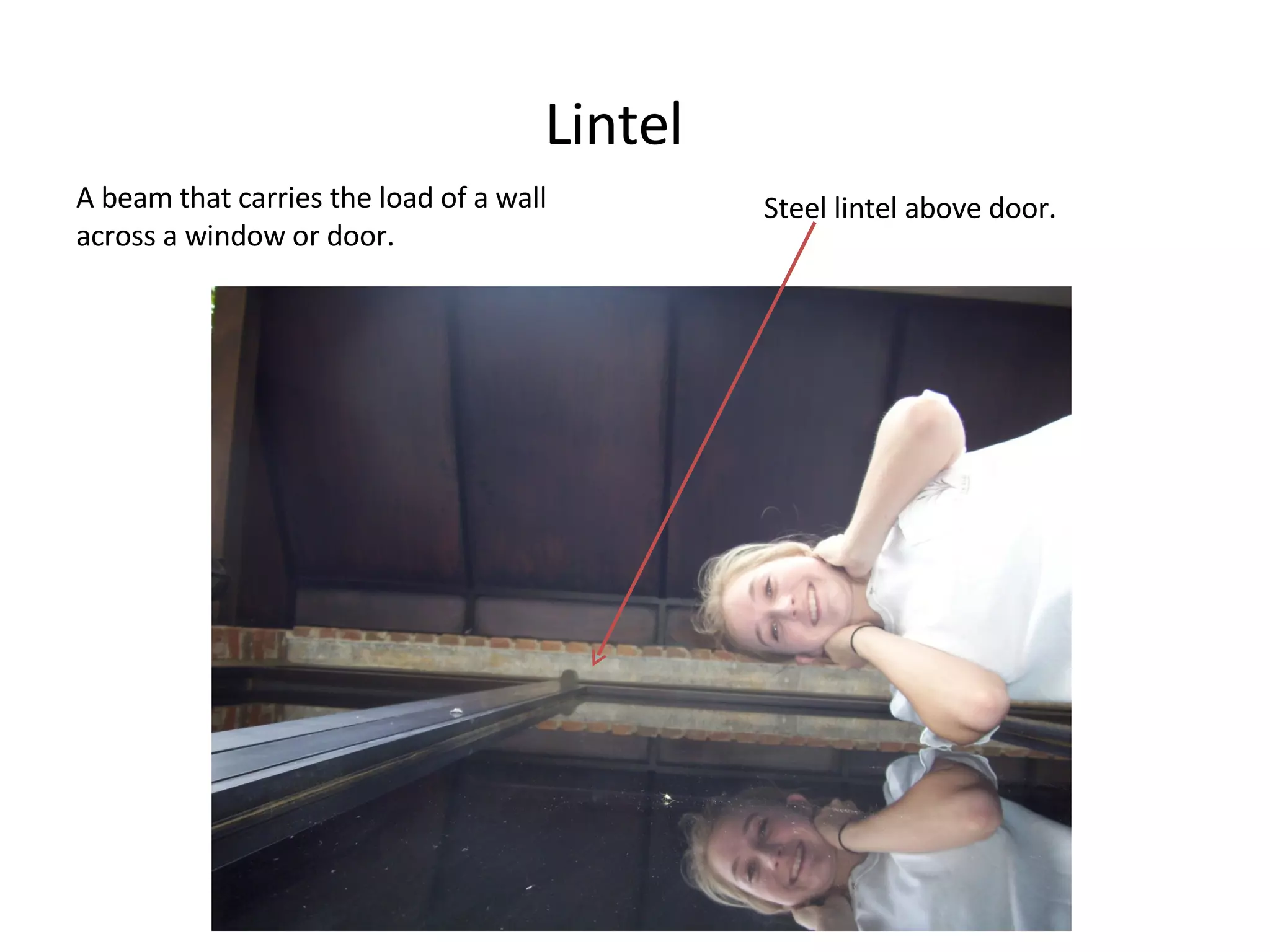 Lintel A beam that carries the load of a wall across a window or door. Steel lintel above door. 