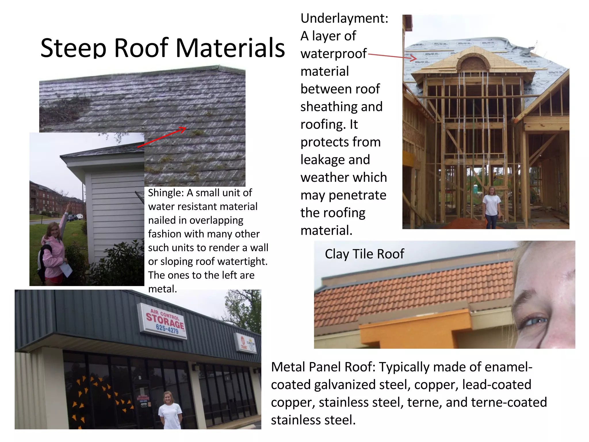 Steep Roof Materials Underlayment: A layer of waterproof material between roof sheathing and roofing. It protects from leakage and weather which may penetrate the roofing material. Clay Tile Roof Shingle: A small unit of water resistant material nailed in overlapping fashion with many other such units to render a wall or sloping roof watertight. The ones to the left are metal.  Metal Panel Roof: Typically made of enamel-coated galvanized steel, copper, lead-coated copper, stainless steel, terne, and terne-coated stainless steel. 