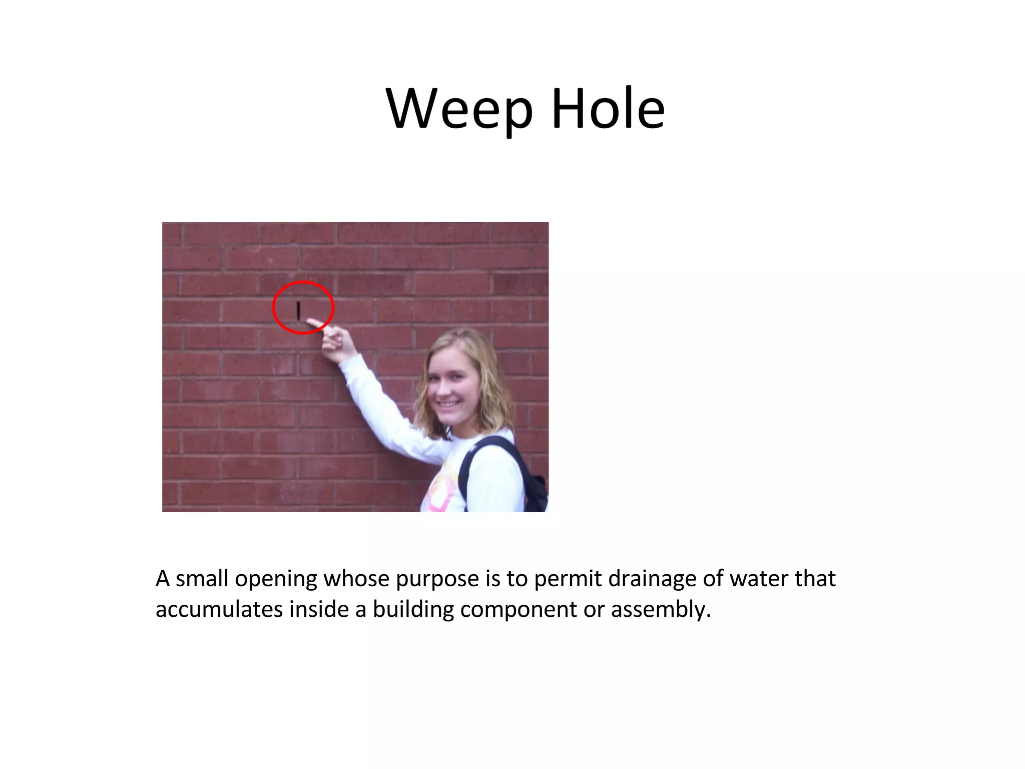 A small opening whose purpose is to permit drainage of water that accumulates inside a building component or assembly. Weep Hole 