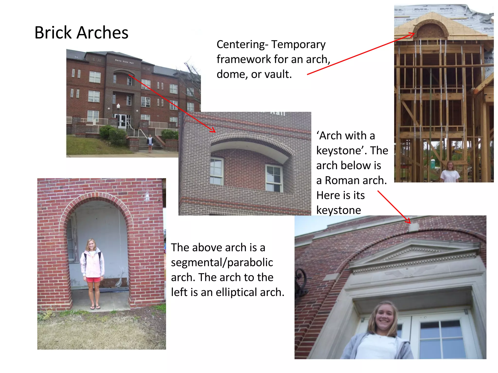 The above arch is a segmental/parabolic arch. The arch to the left is an elliptical arch. Brick Arches Centering- Temporary framework for an arch, dome, or vault.  ‘ Arch with a keystone’. The arch below is a Roman arch. Here is its keystone 