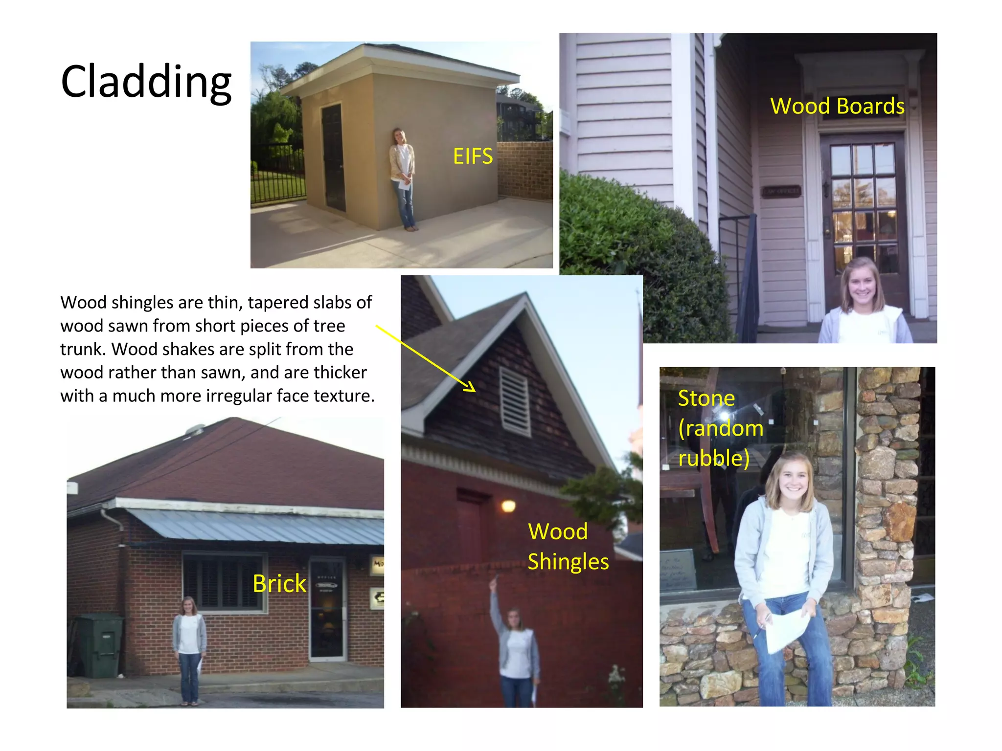 Cladding Wood Boards Stone (random rubble) Brick Wood Shingles Wood shingles are thin, tapered slabs of wood sawn from short pieces of tree trunk. Wood shakes are split from the wood rather than sawn, and are thicker with a much more irregular face texture. EIFS 