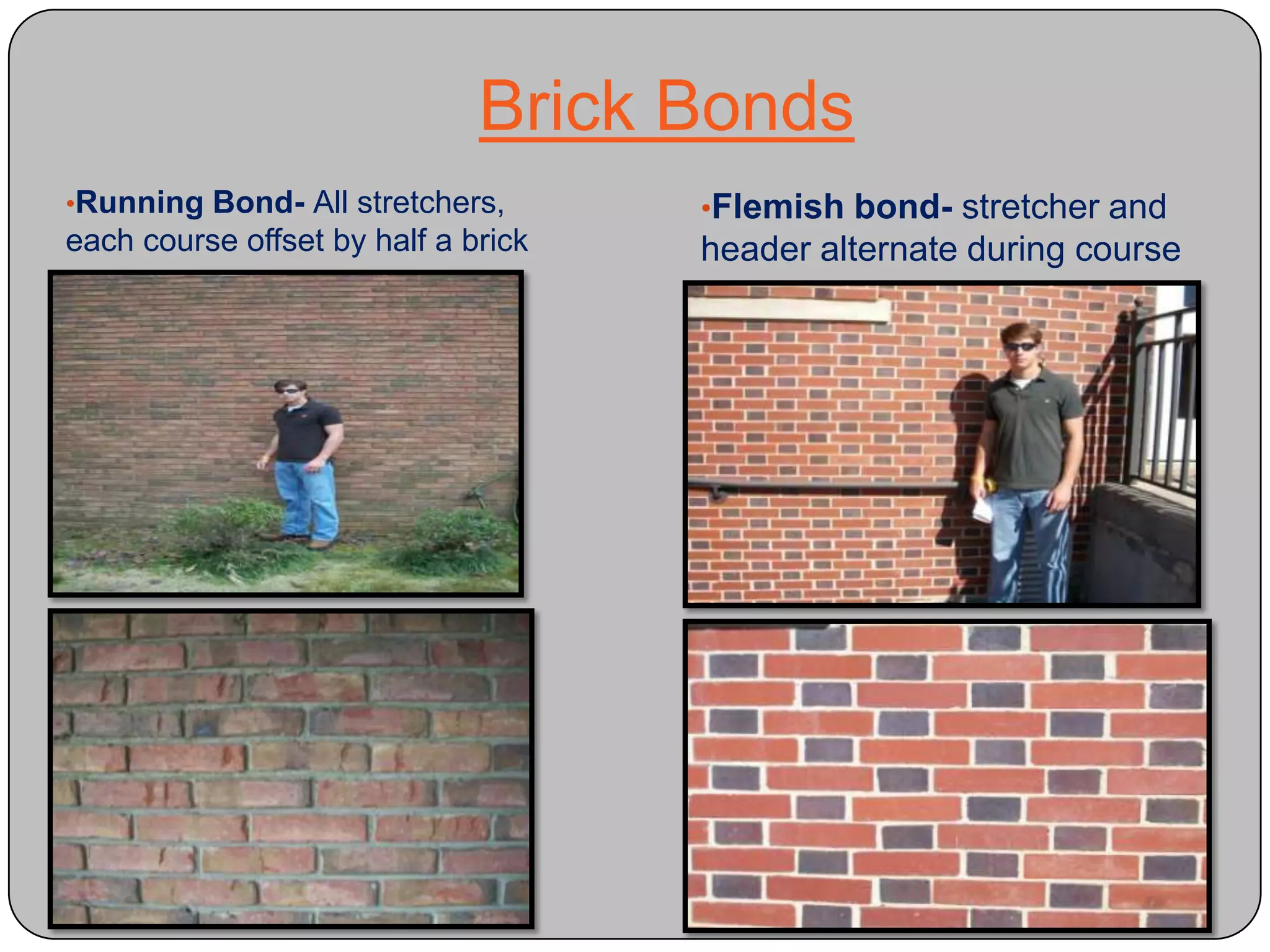 Flemish bond- stretcher and header alternate during courseBrick Bonds ContinuedRowlocks