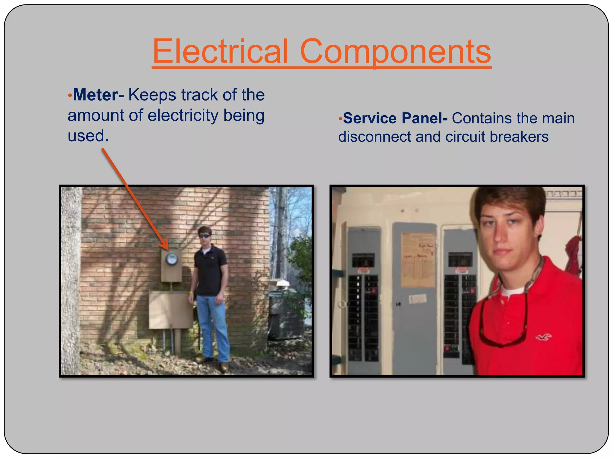 Sidelight: a tall, narrow window alongside a doorElectrical ComponentsPower Pole with Transformer- Steps voltage down to desired amount (110/220 Volts)