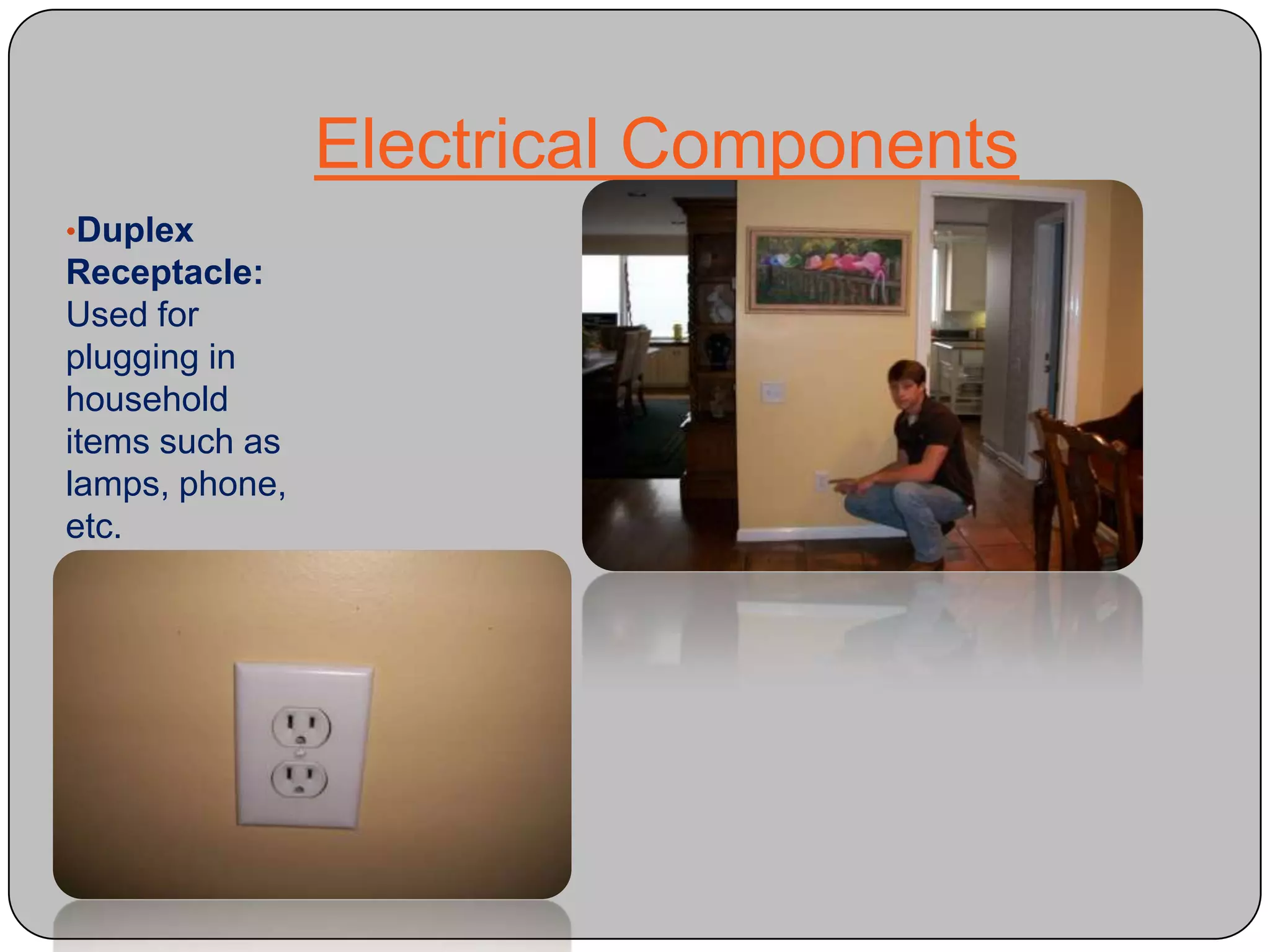 Service Head- Assembly by which electricity is conducted from outdoor lines to the meter baseElectrical ComponentsMeter- Keeps track of the amount of electricity being used.