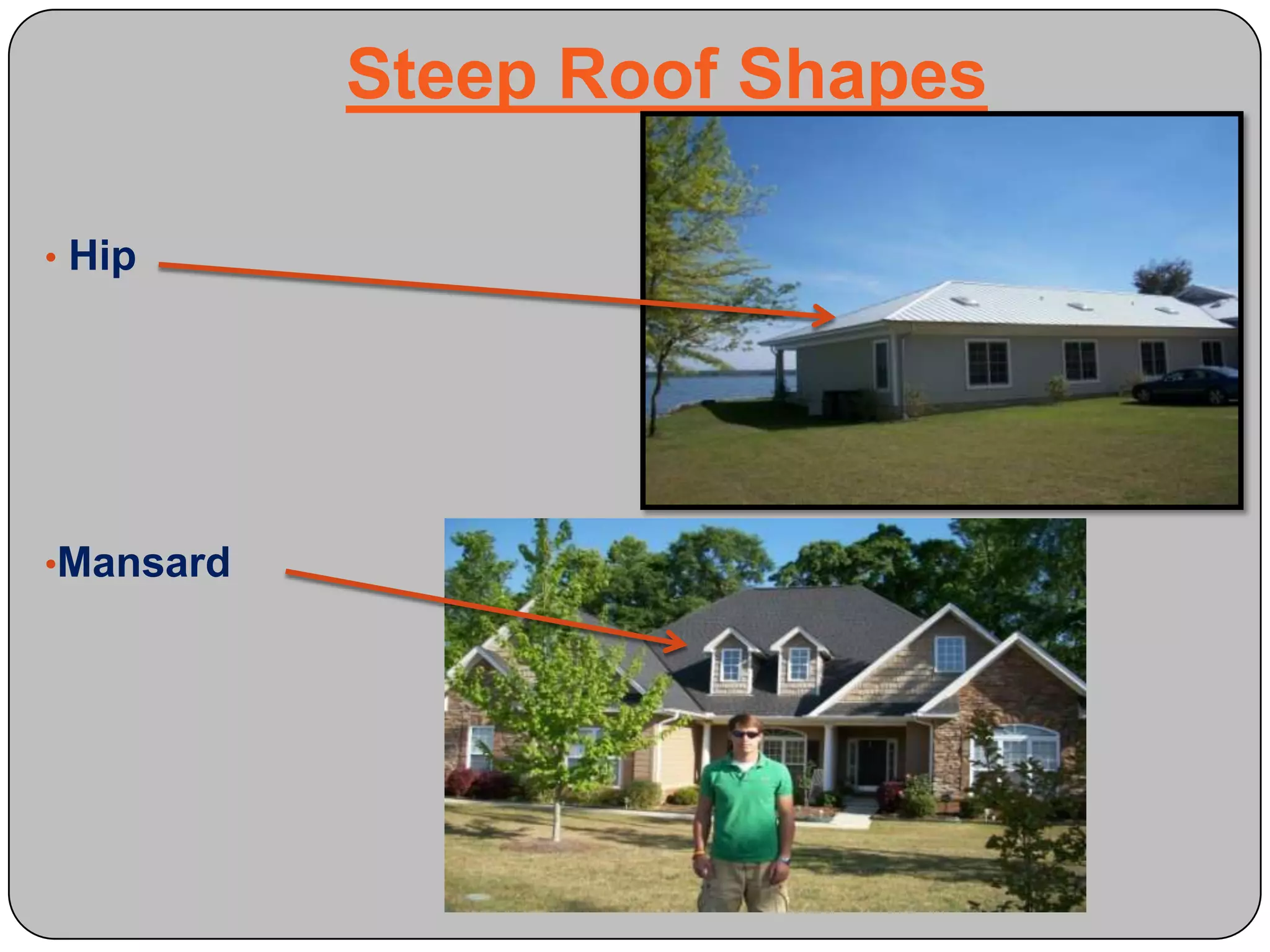 Common materials- copper, aluminum, tin. Steep Roof ShapesGambrel                         GableSteep Roof ShapesHip