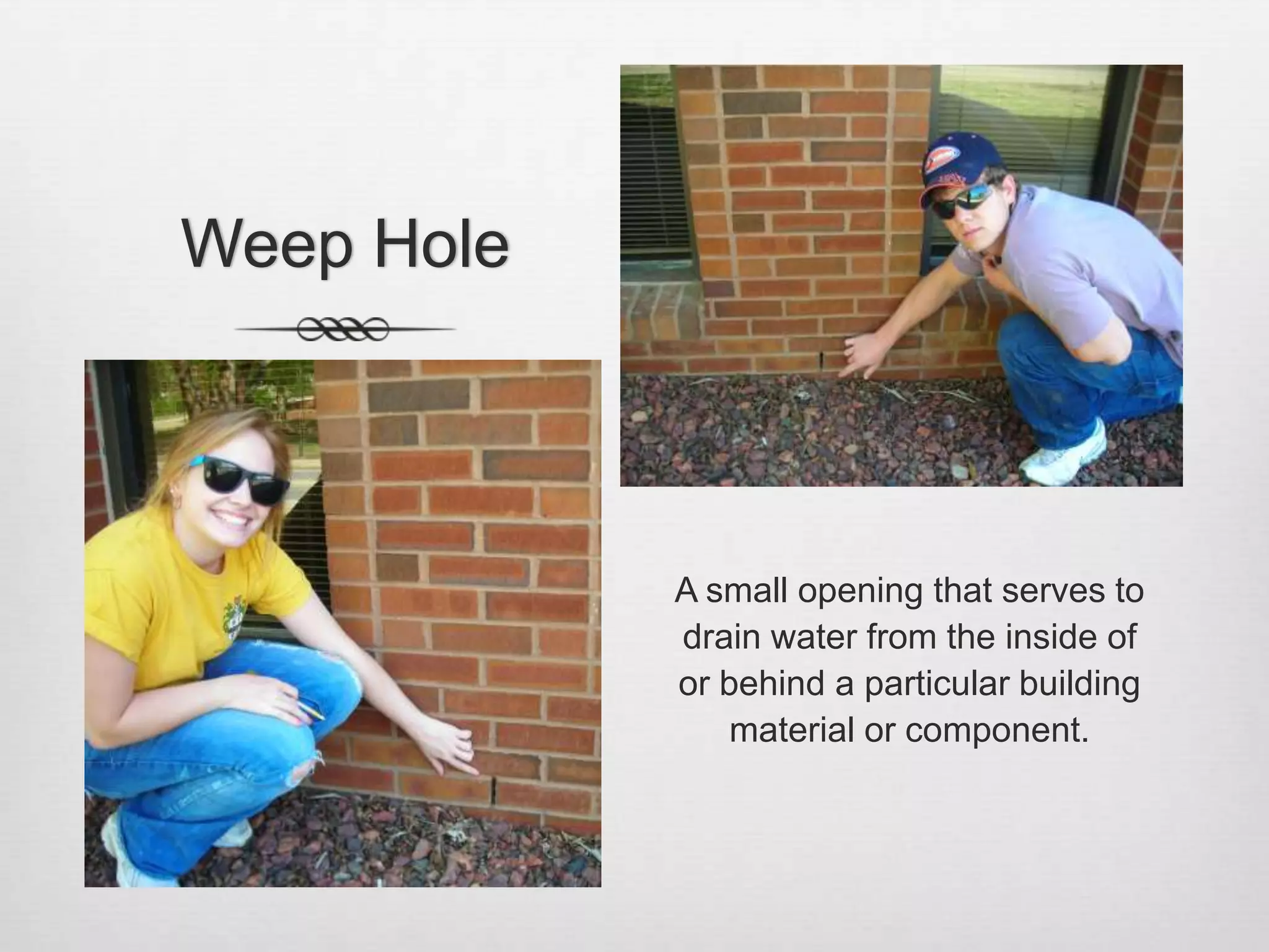 Weep HoleA small opening that serves to drain water from the inside of or behind a particular building material or component.  
