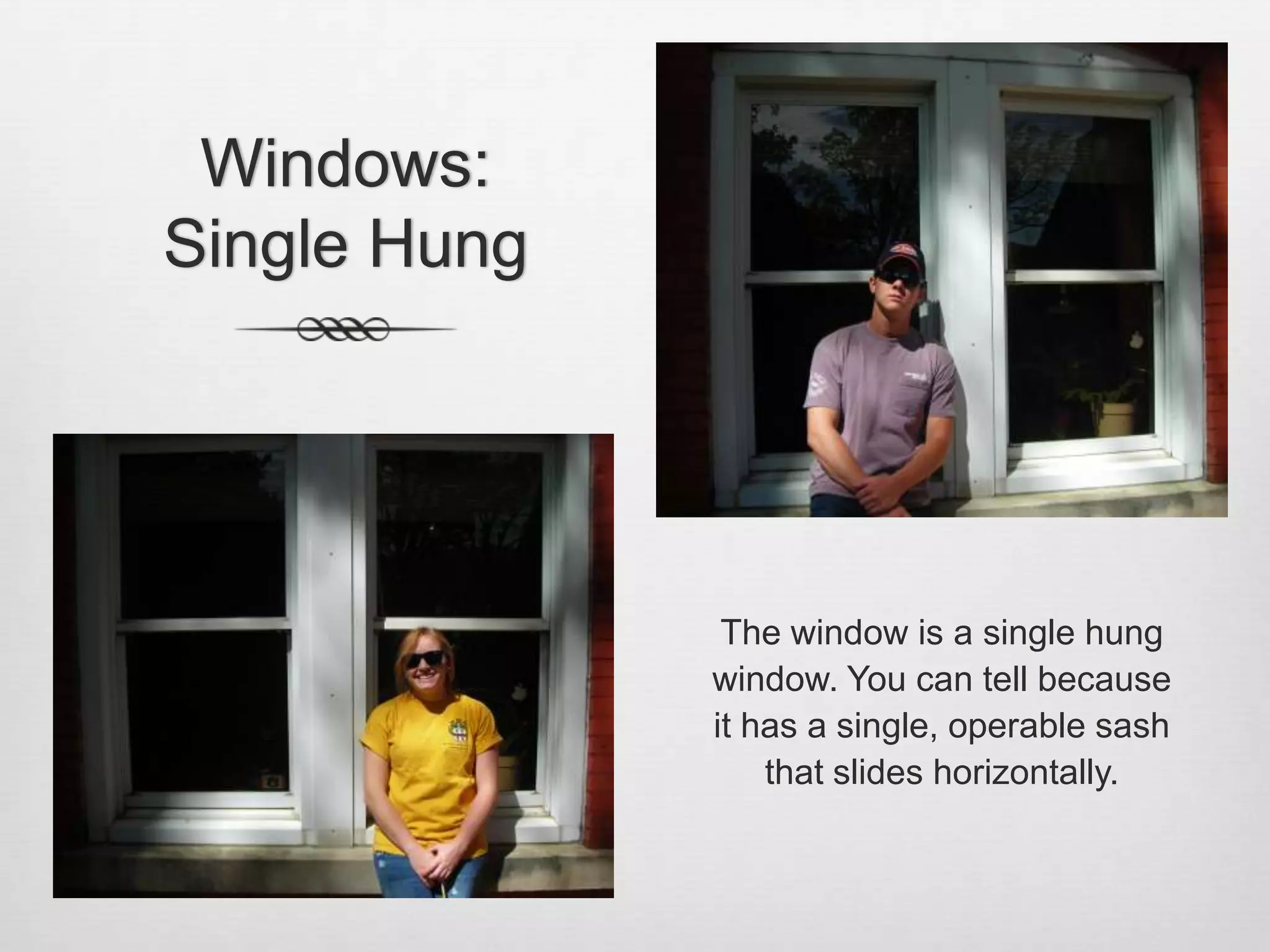 Windows: Single HungThe window is a single hung window. You can tell because it has a single, operable sash that slides horizontally.