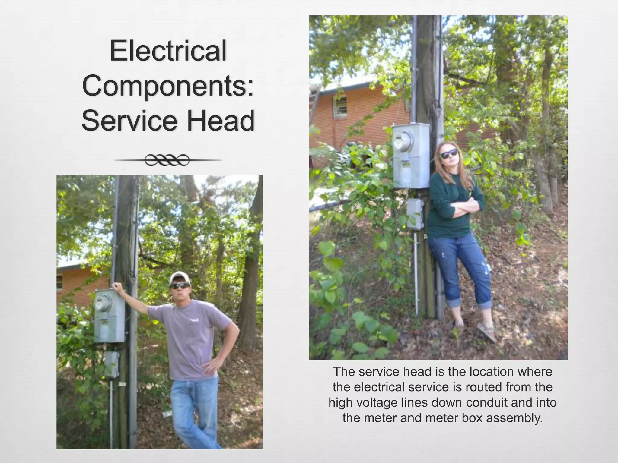 Electrical Components: Service HeadThe service head is the location where the electrical service is routed from the high voltage lines down conduit and into the meter and meter box assembly. 
