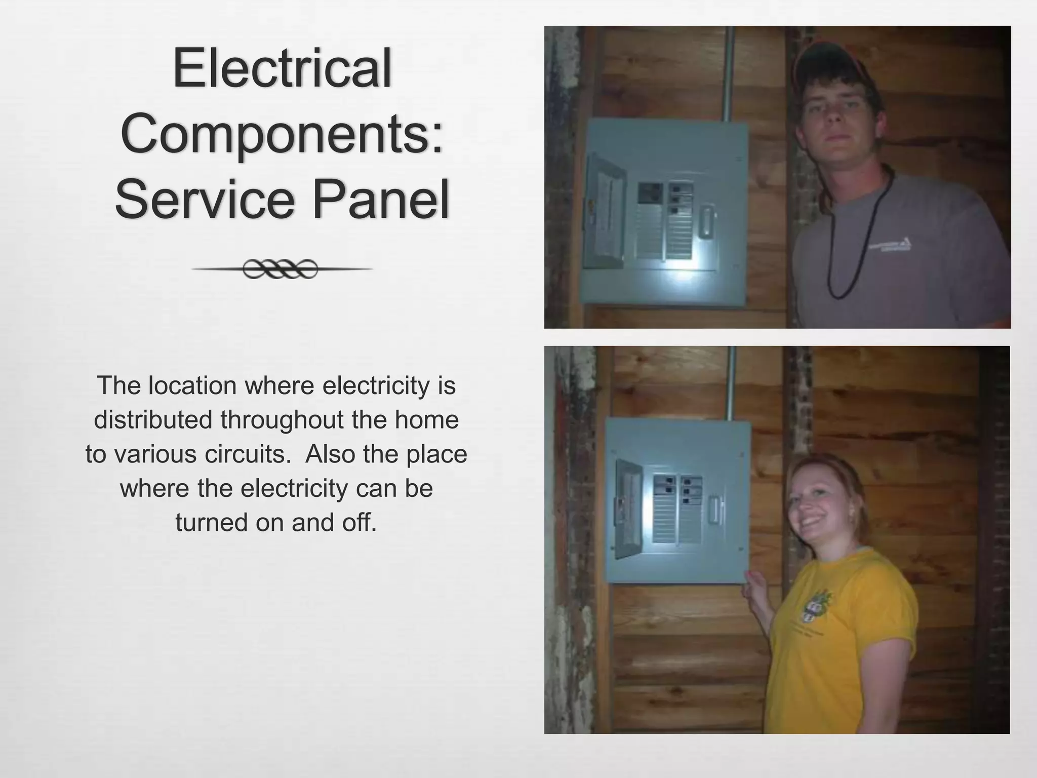Electrical Components: Service PanelThe location where electricity is distributed throughout the home to various circuits.  Also the place where the electricity can be turned on and off.