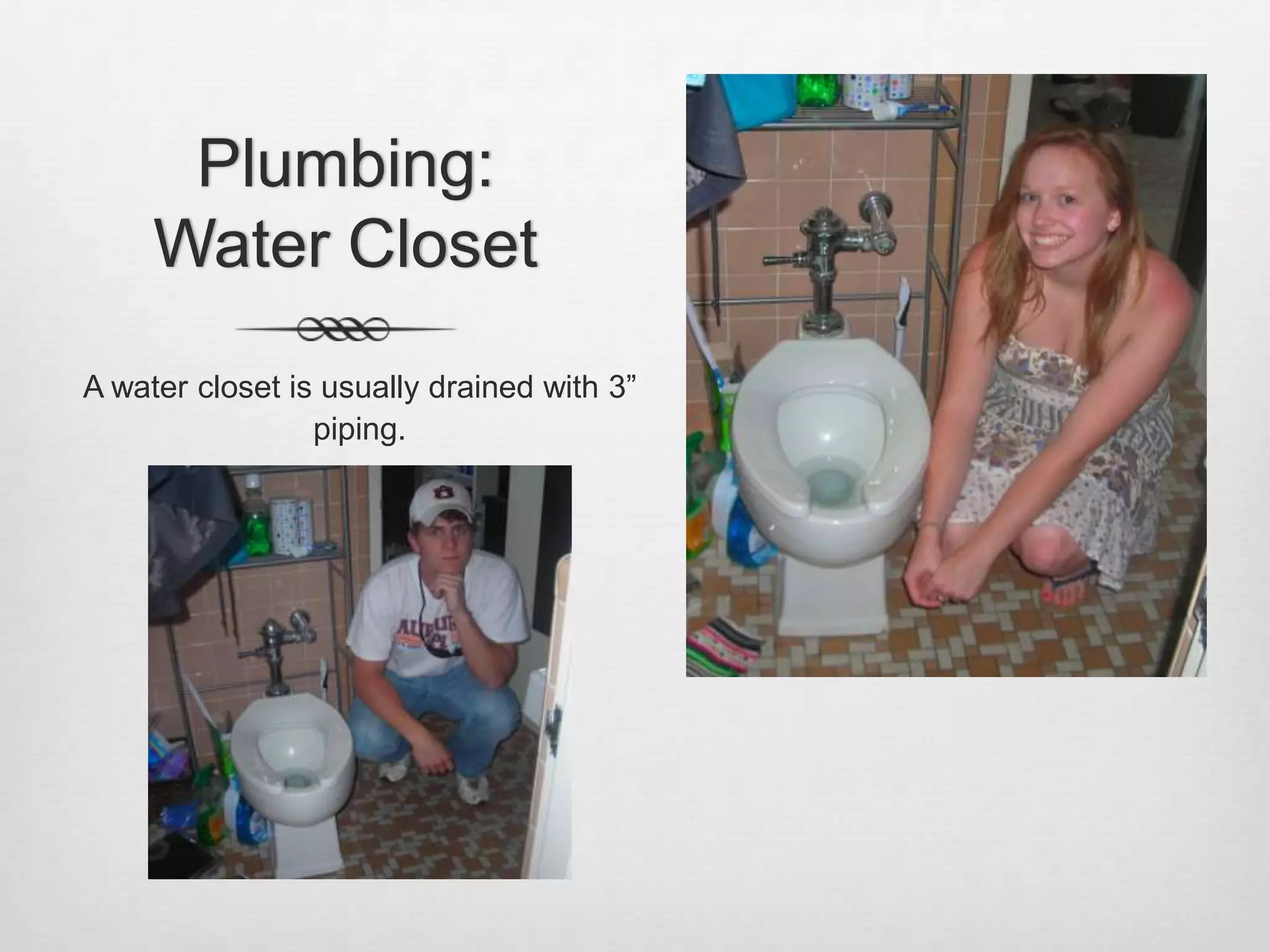 Plumbing: Water ClosetA water closet is usually drained with 3” piping. 