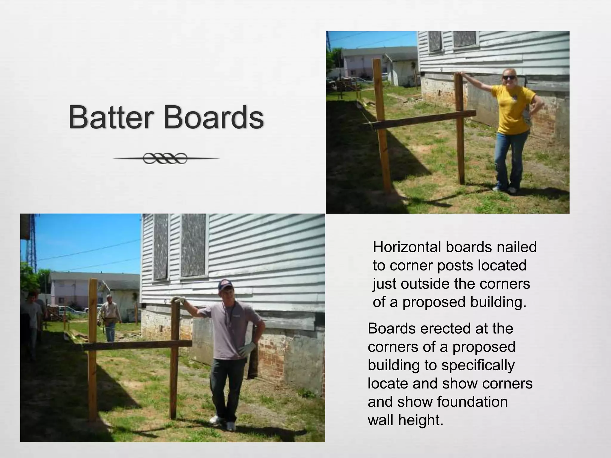 Batter BoardsHorizontal boards nailed to corner posts located just outside the corners of a proposed building.Boards erected at the corners of a proposed building to specifically locate and show corners and show foundation wall height.