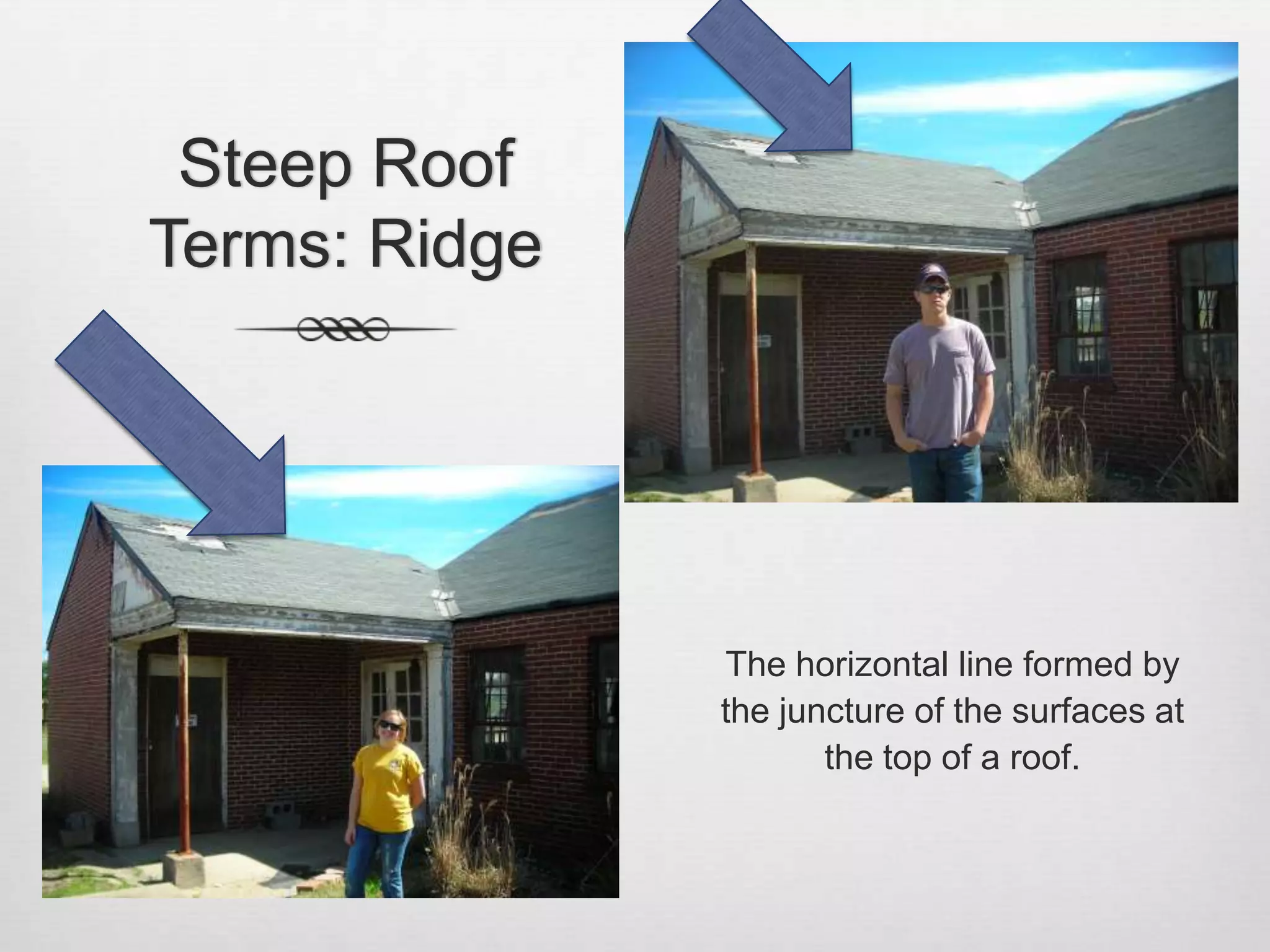 Steep Roof Terms: RidgeThe horizontal line formed by the juncture of the surfaces at the top of a roof.