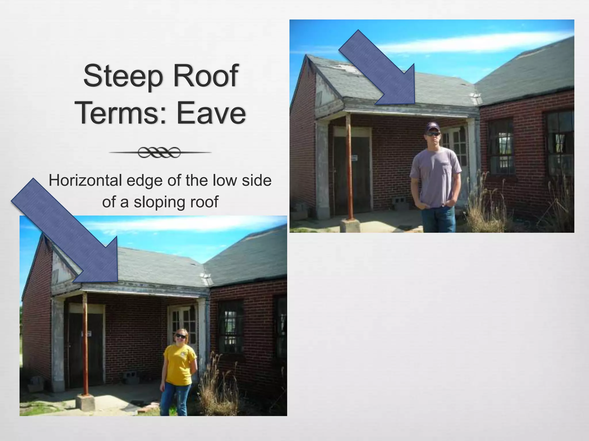 Steep Roof Terms: EaveHorizontal edge of the low side of a sloping roof