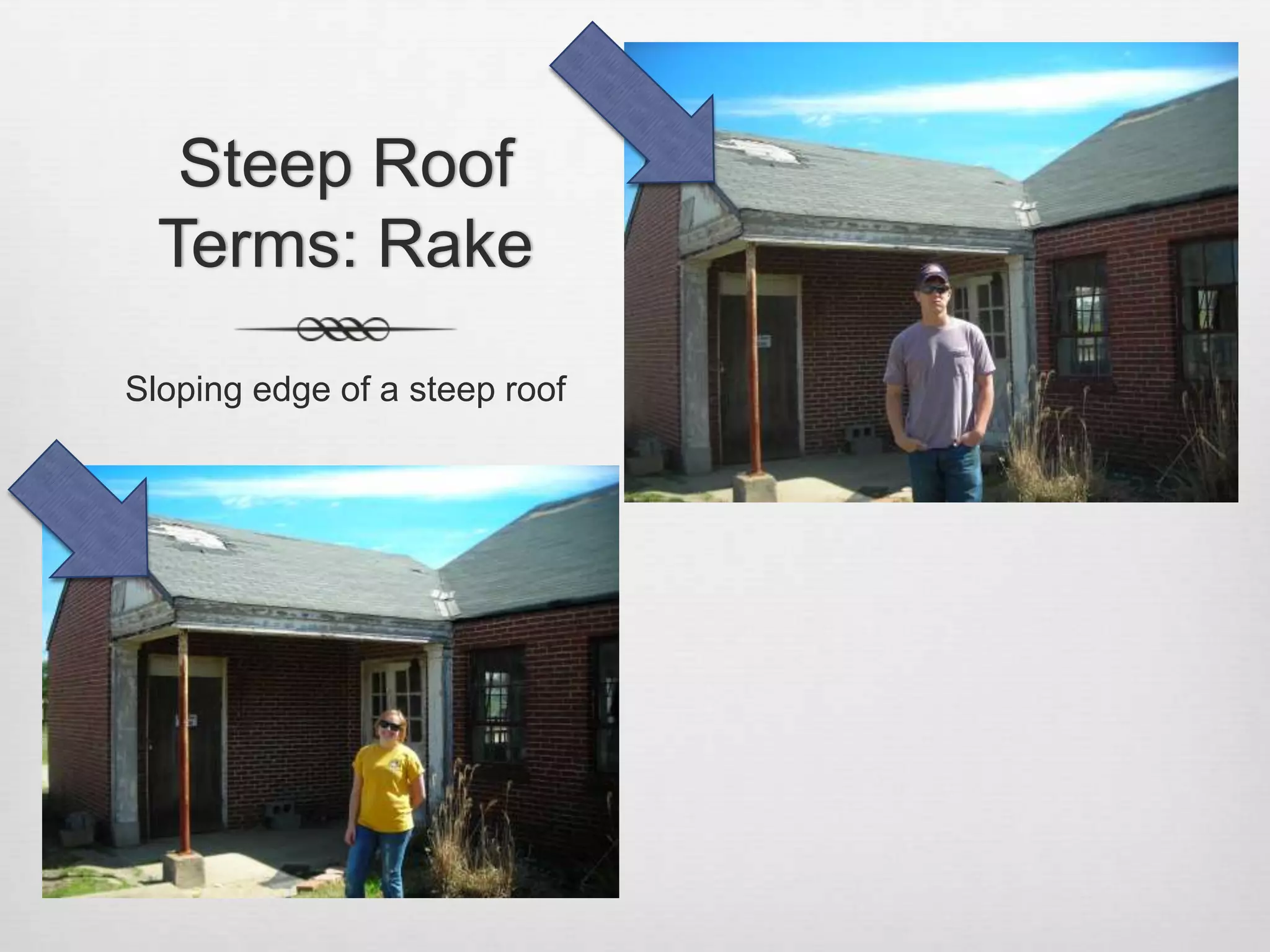 Steep Roof Terms: RakeSloping edge of a steep roof