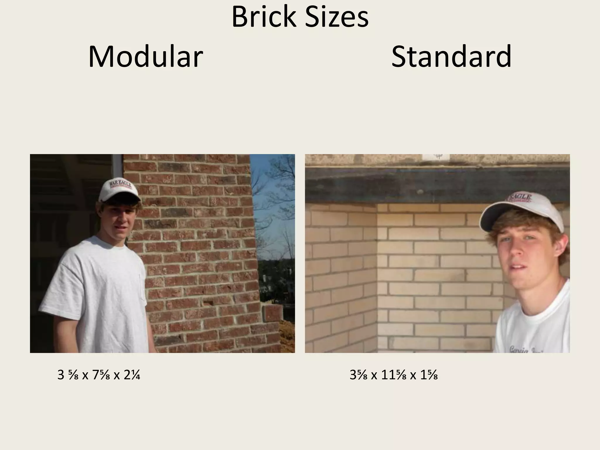 Brick SizesModular                         Standard3 ⅝ x 7⅝ x 2¼3⅝ x 11⅝ x 1⅝