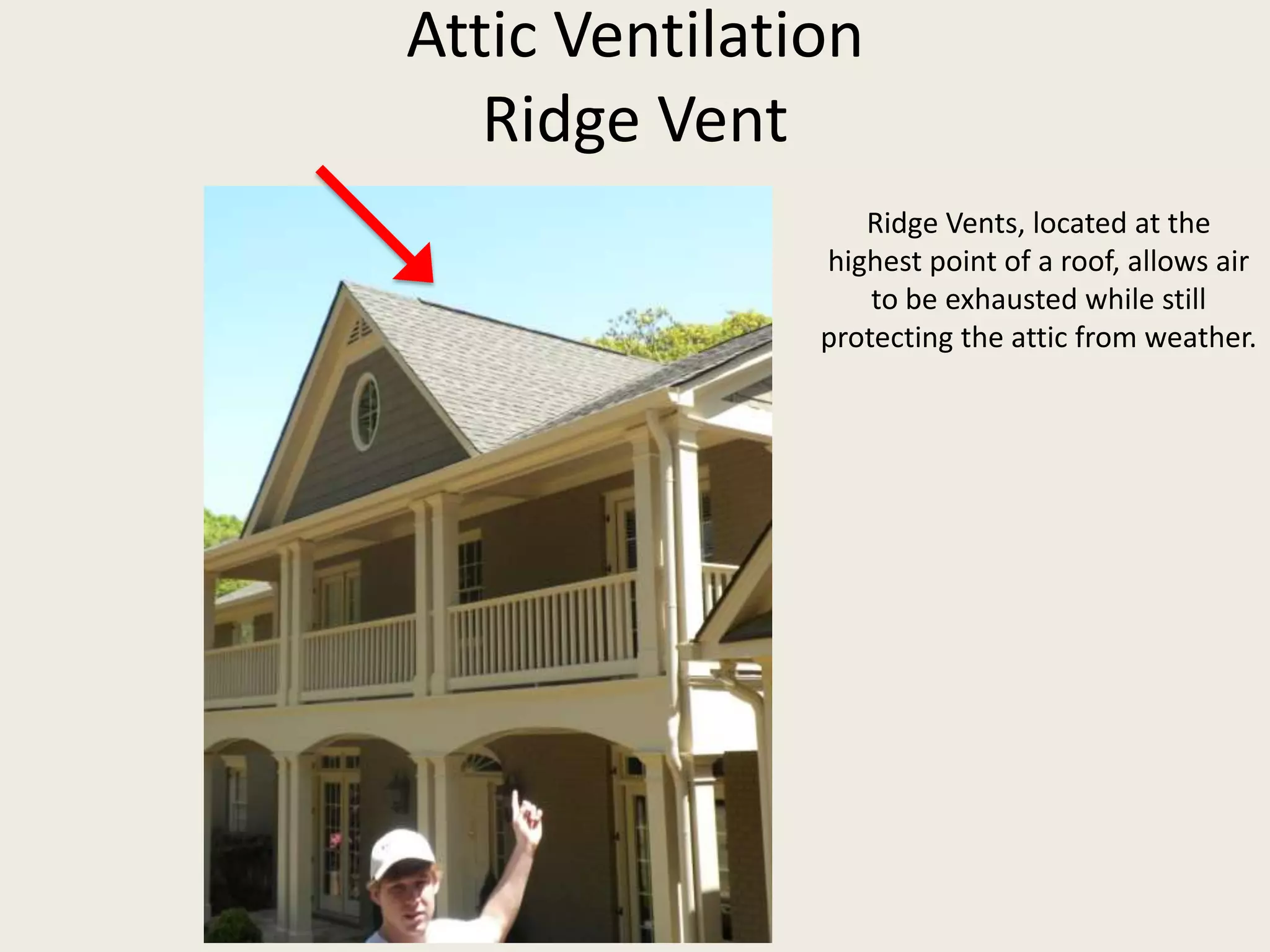 Attic VentilationRidge VentRidge Vents, located at the highest point of a roof, allows air to be exhausted while still protecting the attic from weather.