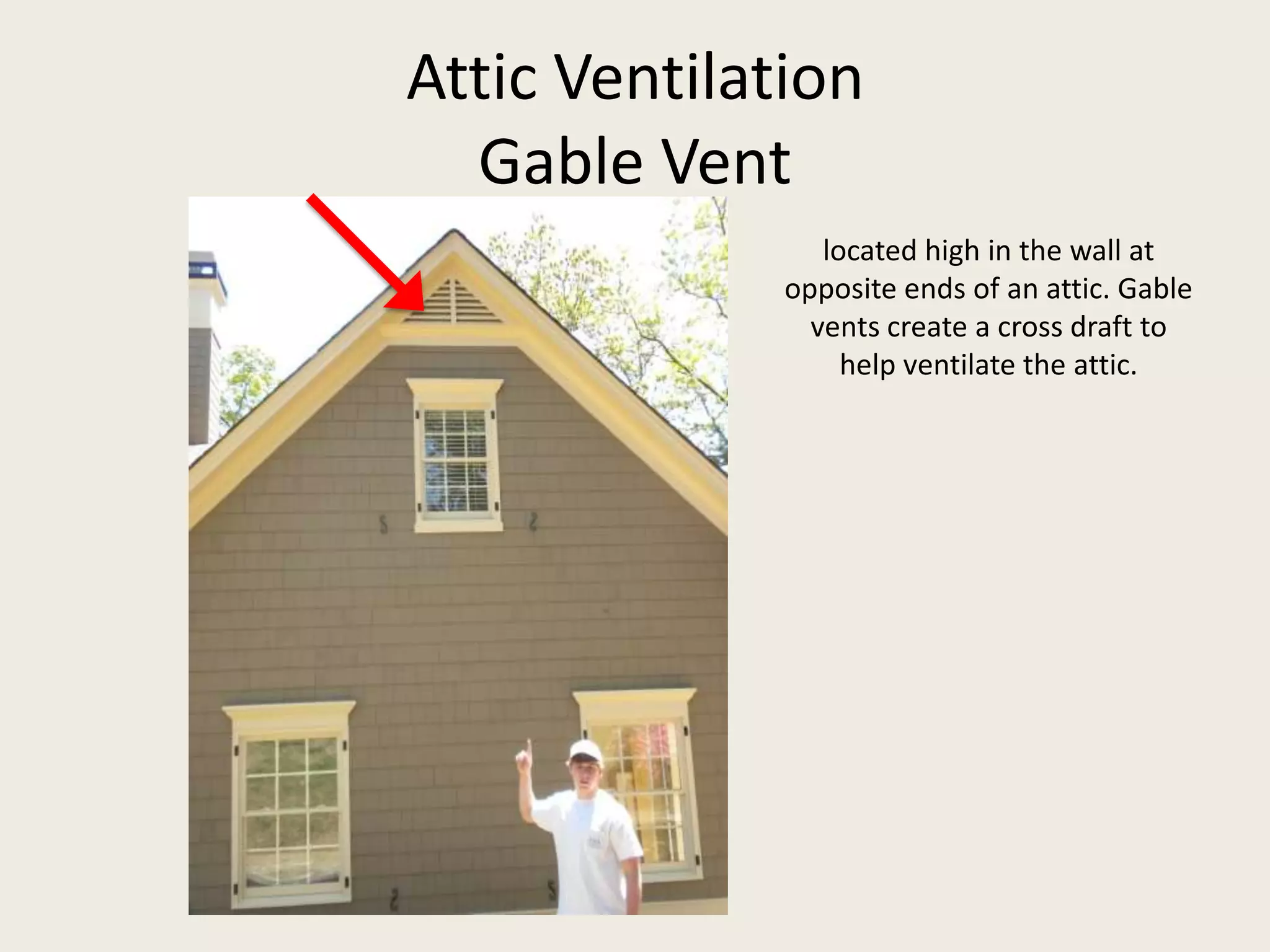 Attic VentilationGable Ventlocated high in the wall at opposite ends of an attic. Gable vents create a cross draft to help ventilate the attic.