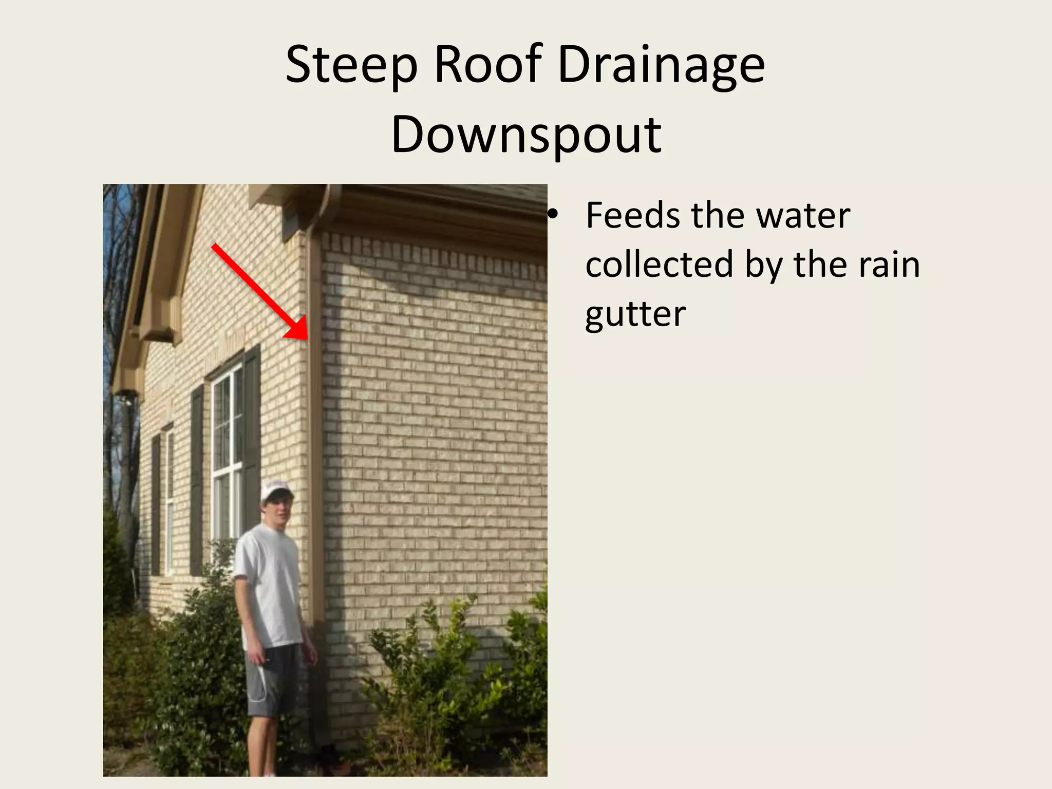 Steep Roof DrainageDownspoutFeeds the water collected by the rain gutter