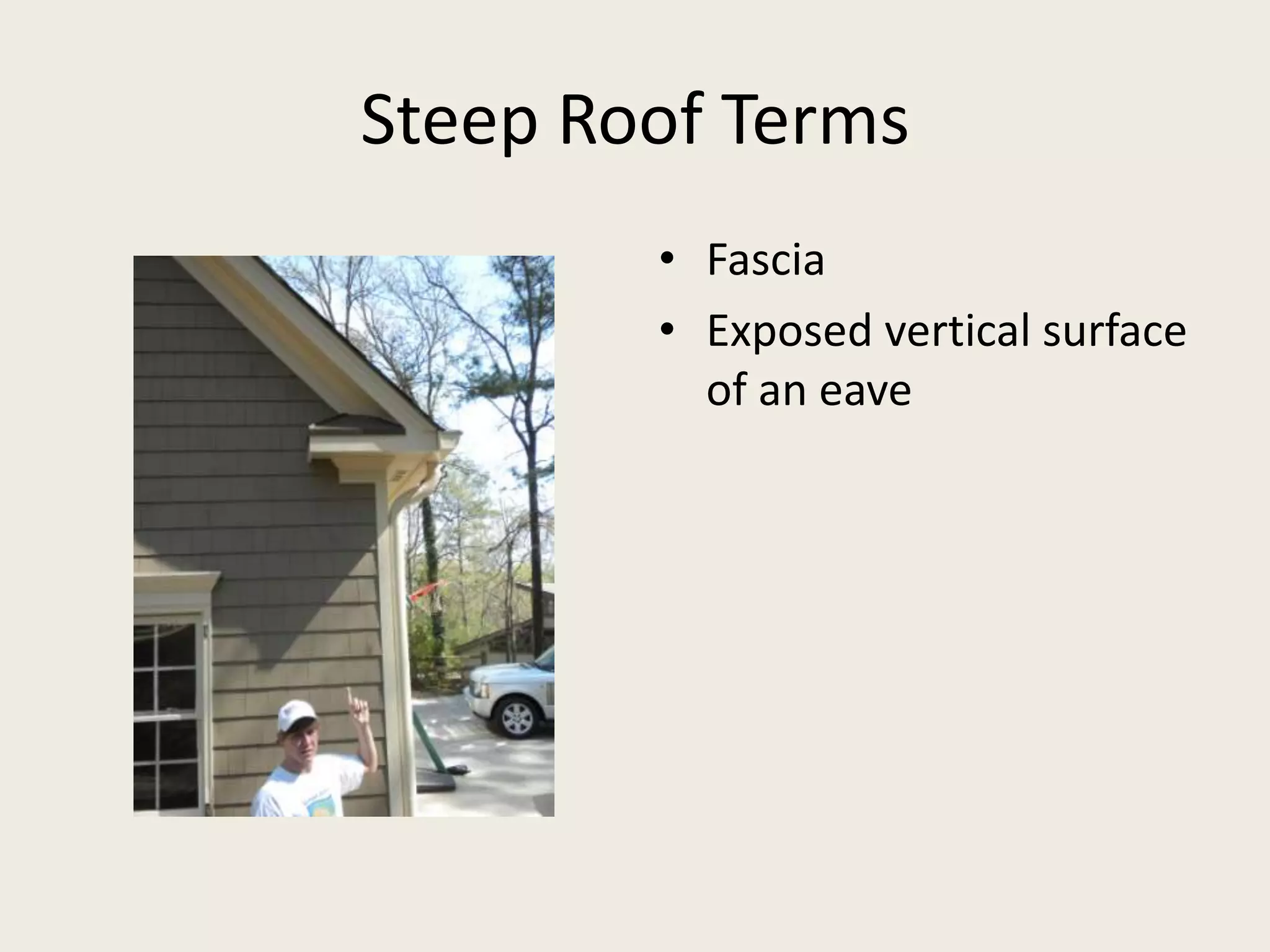 Steep Roof TermsFasciaExposed vertical surface of an eave