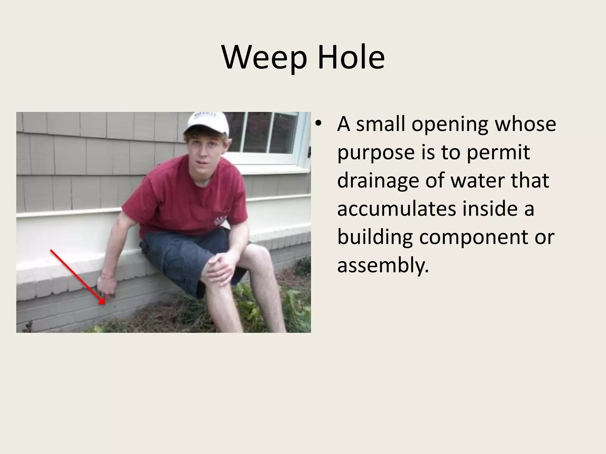 Weep HoleA small opening whose purpose is to permit drainage of water that accumulates inside a building component or assembly.