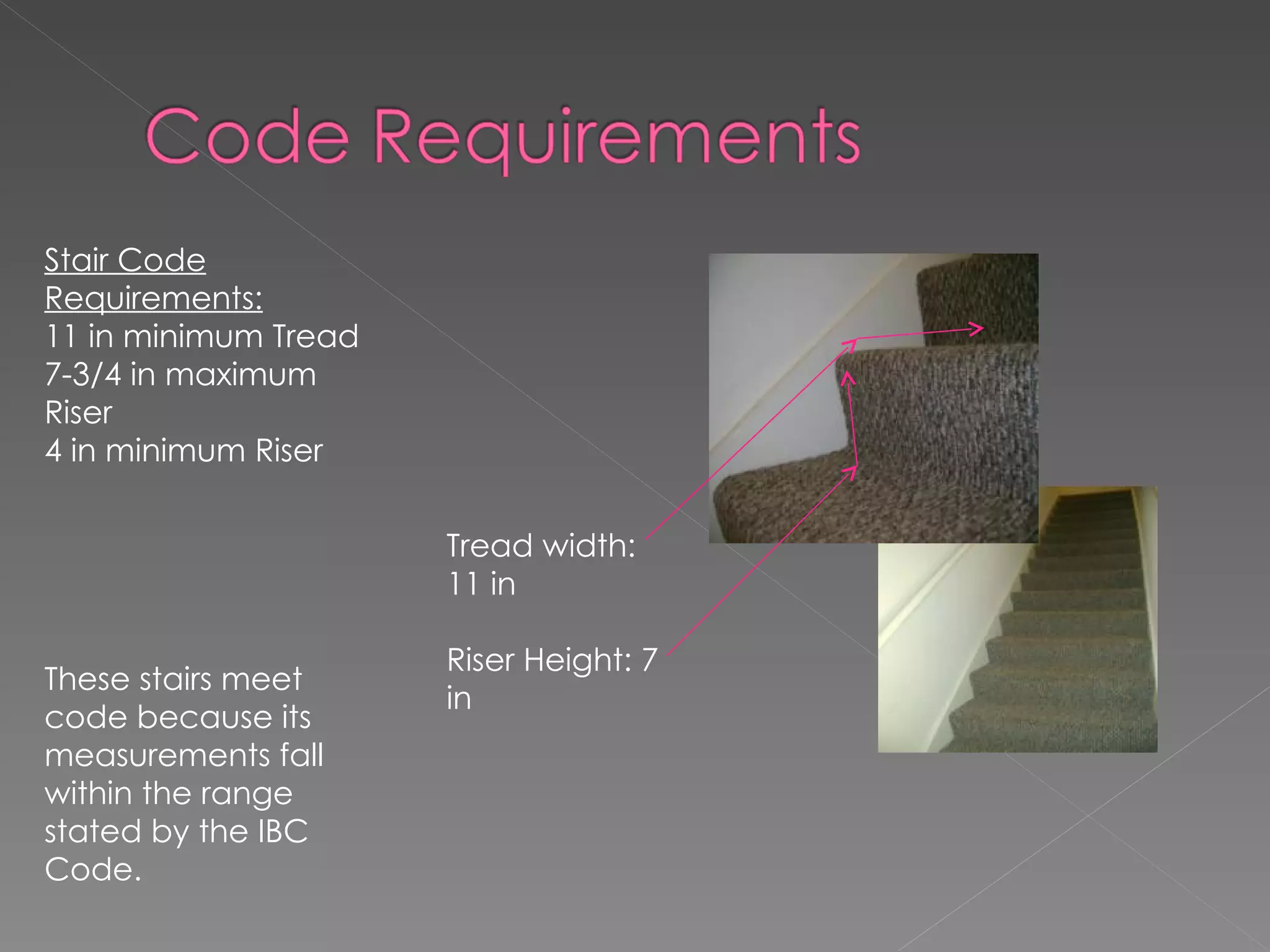 Tread width: 11 in Riser Height: 7 in Stair Code Requirements: 11 in minimum Tread 7-3/4 in maximum Riser 4 in minimum Riser These stairs meet code because its measurements fall within the range stated by the IBC Code. 