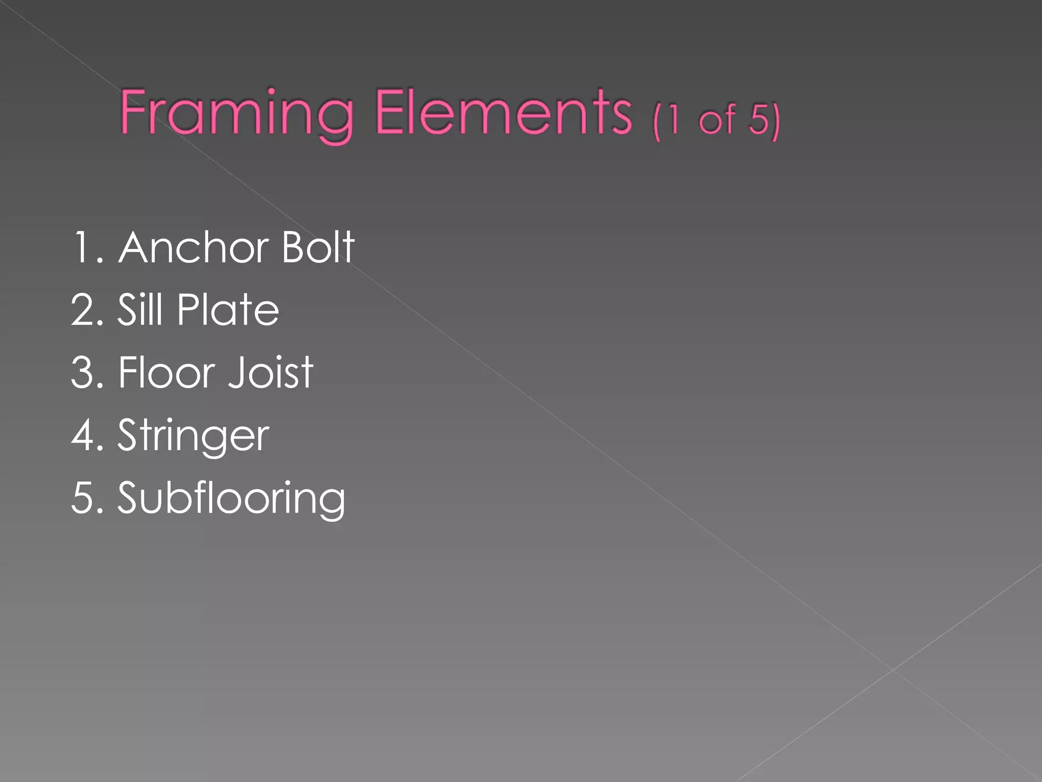 1. Anchor Bolt 2. Sill Plate 3. Floor Joist 4. Stringer 5. Subflooring 