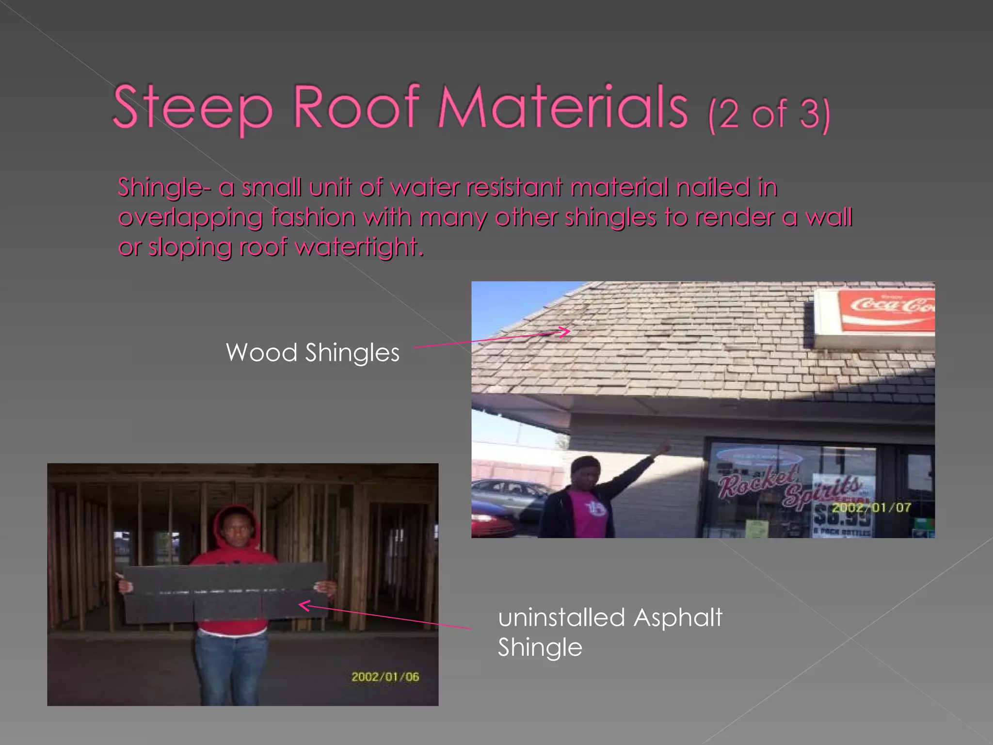 Wood Shingles Shingle- a small unit of water resistant material nailed in overlapping fashion with many other shingles to render a wall or sloping roof watertight. uninstalled Asphalt Shingle 