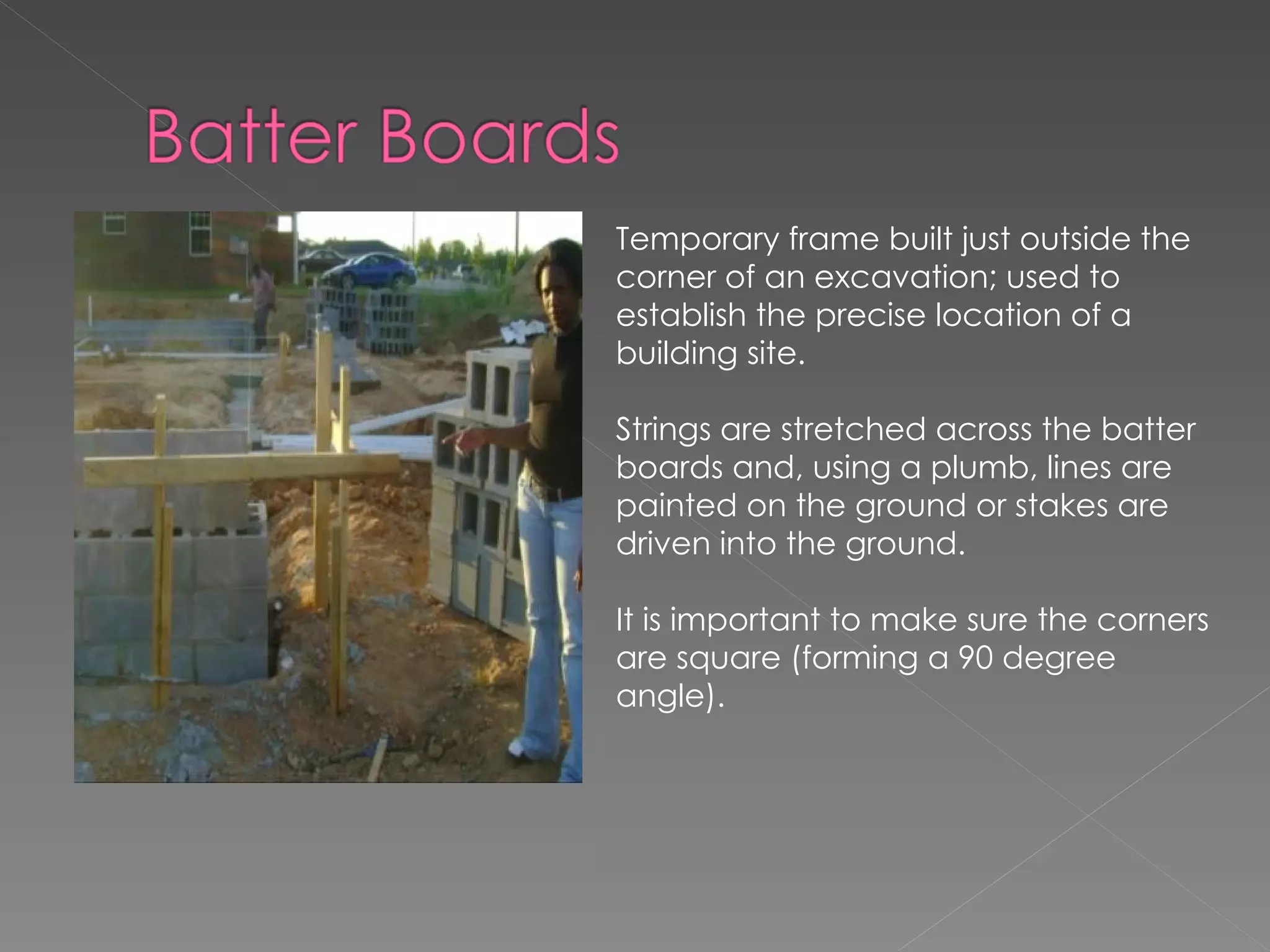 Temporary frame built just outside the corner of an excavation; used to establish the precise location of a building site.  Strings are stretched across the batter boards and, using a plumb, lines are painted on the ground or stakes are driven into the ground. It is important to make sure the corners are square (forming a 90 degree angle). 
