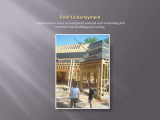Roof UnderlaymentUnderlayment- layer of waterproof material such as building felt between roof sheathing and roofing