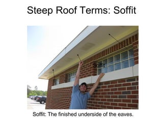 Steep Roof Terms: Soffit Soffit Soffit: The finished underside of the eaves. 