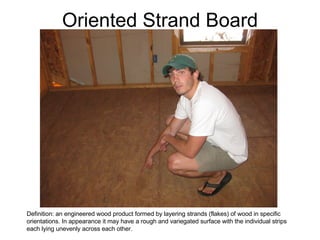 Oriented Strand Board Definition: an engineered wood product formed by layering strands (flakes) of wood in specific  orientations. In appearance it may have a rough and variegated surface with the individual strips  each lying unevenly across each other. 